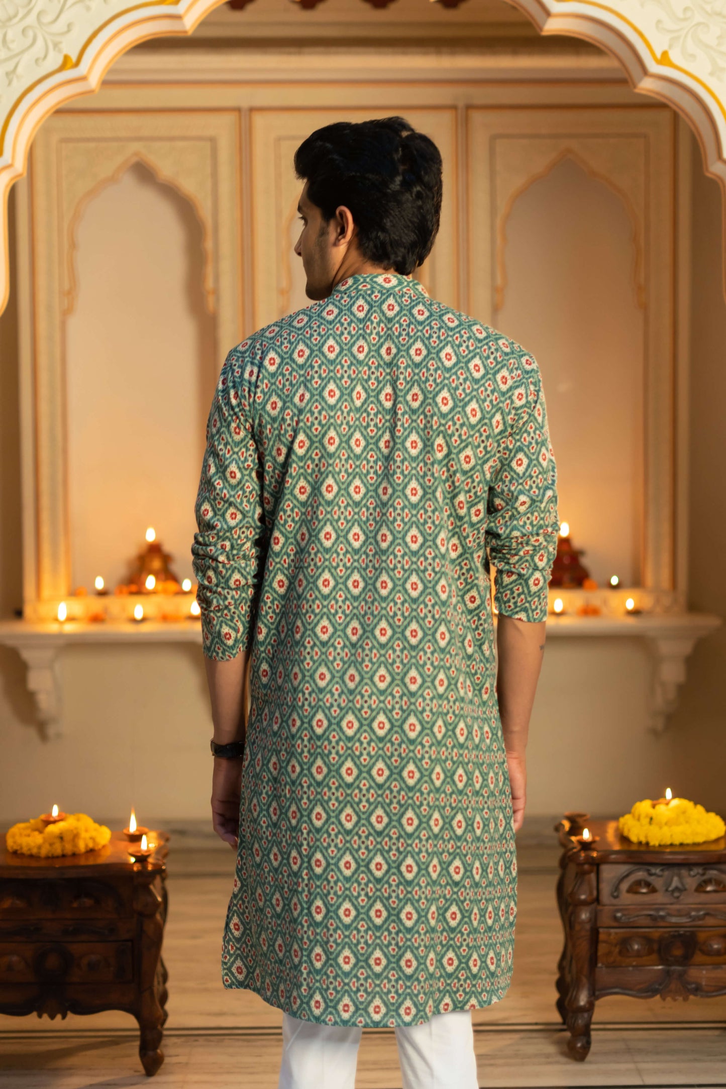 The Traditional Green Kantha Work Geometric Print Long Kurta