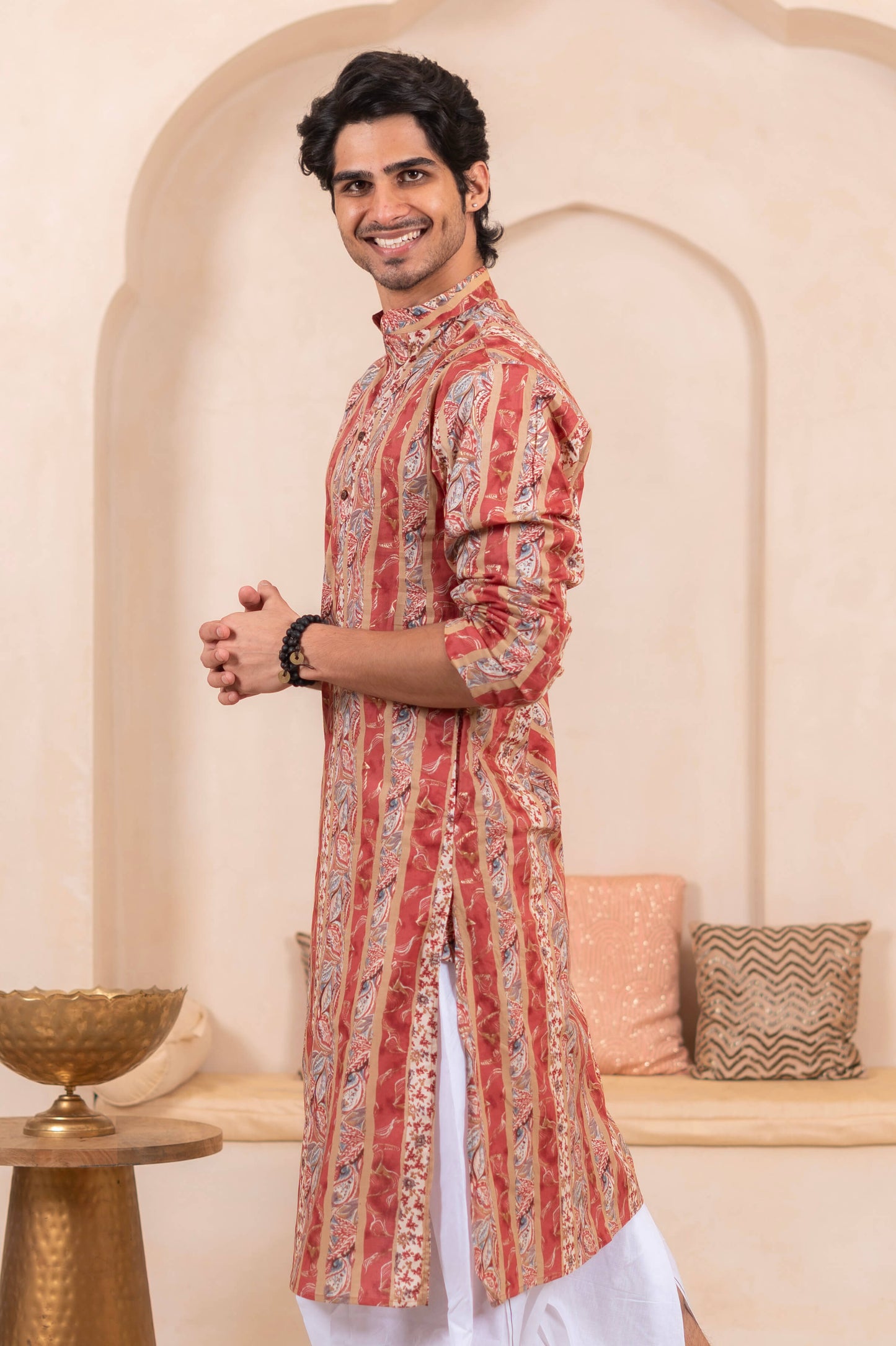 The Multicolor Foil Print Long Kurta With Pink Stripe and Floral Print