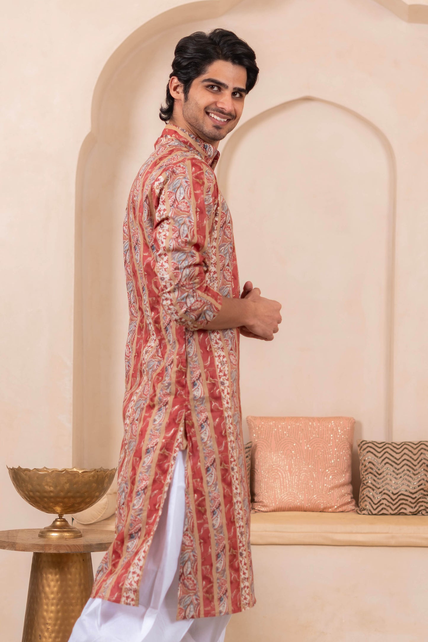 The Multicolor Foil Print Long Kurta With Pink Stripe and Floral Print