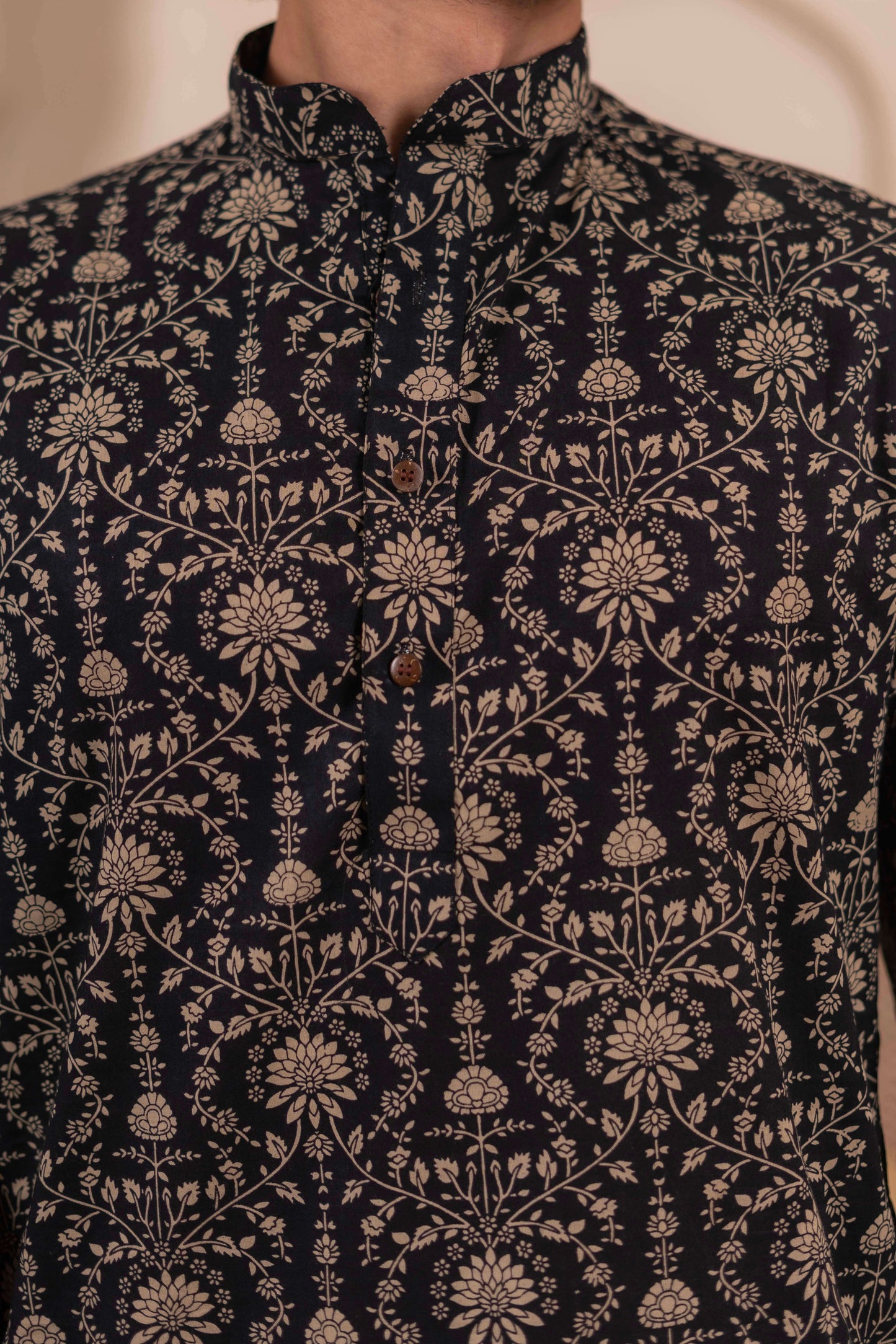 The Black Long Kurta With Beige Dabu Print