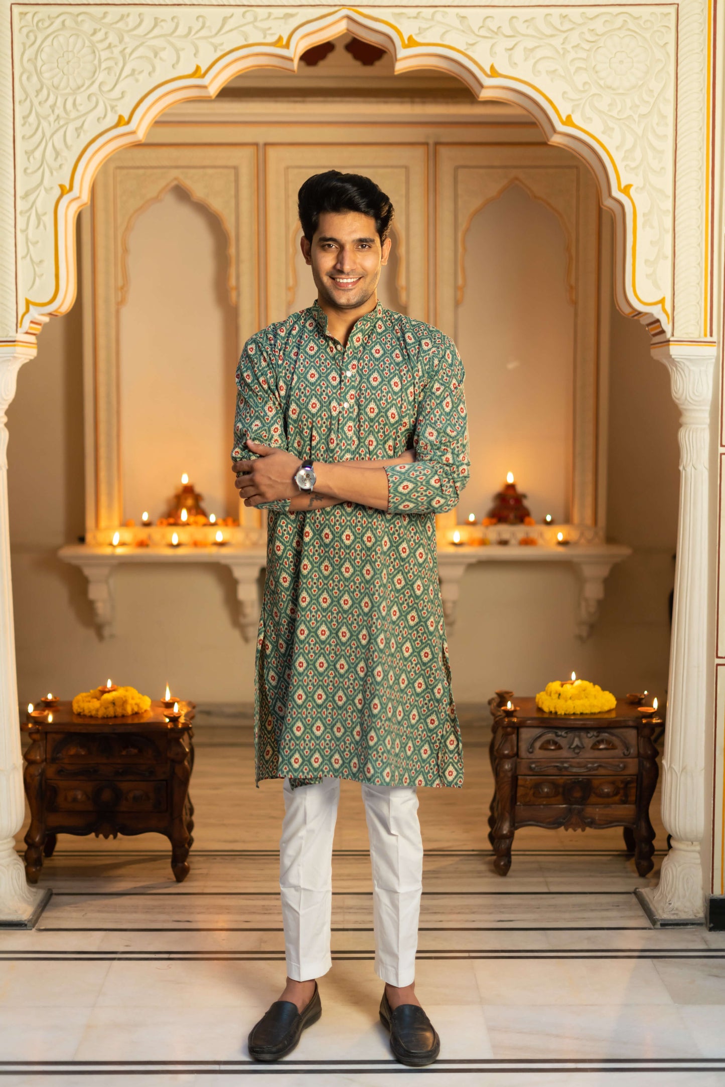 The Traditional Green Kantha Work Geometric Print Long Kurta