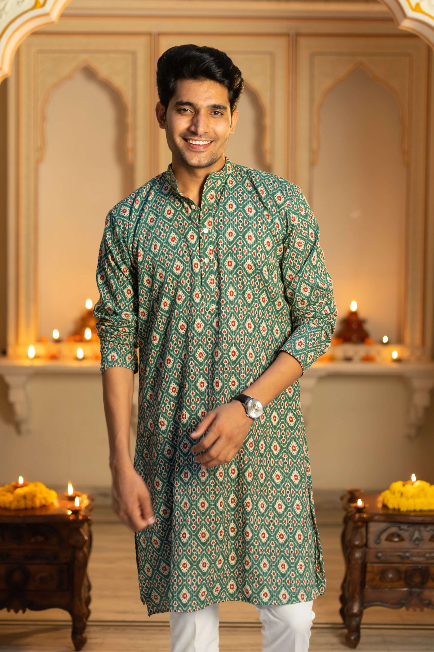 The Traditional Green Kantha Work Geometric Print Long Kurta