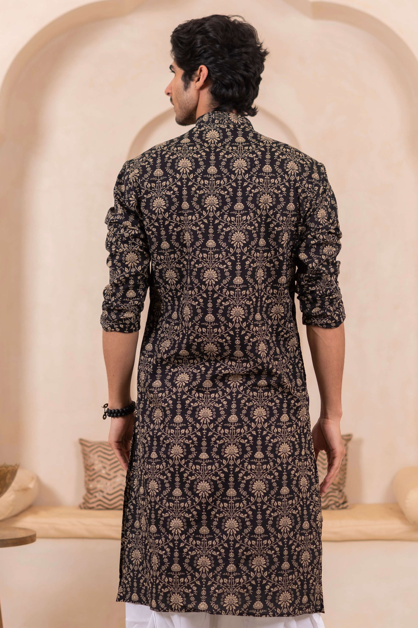 The Black Long Kurta With Beige Dabu Print