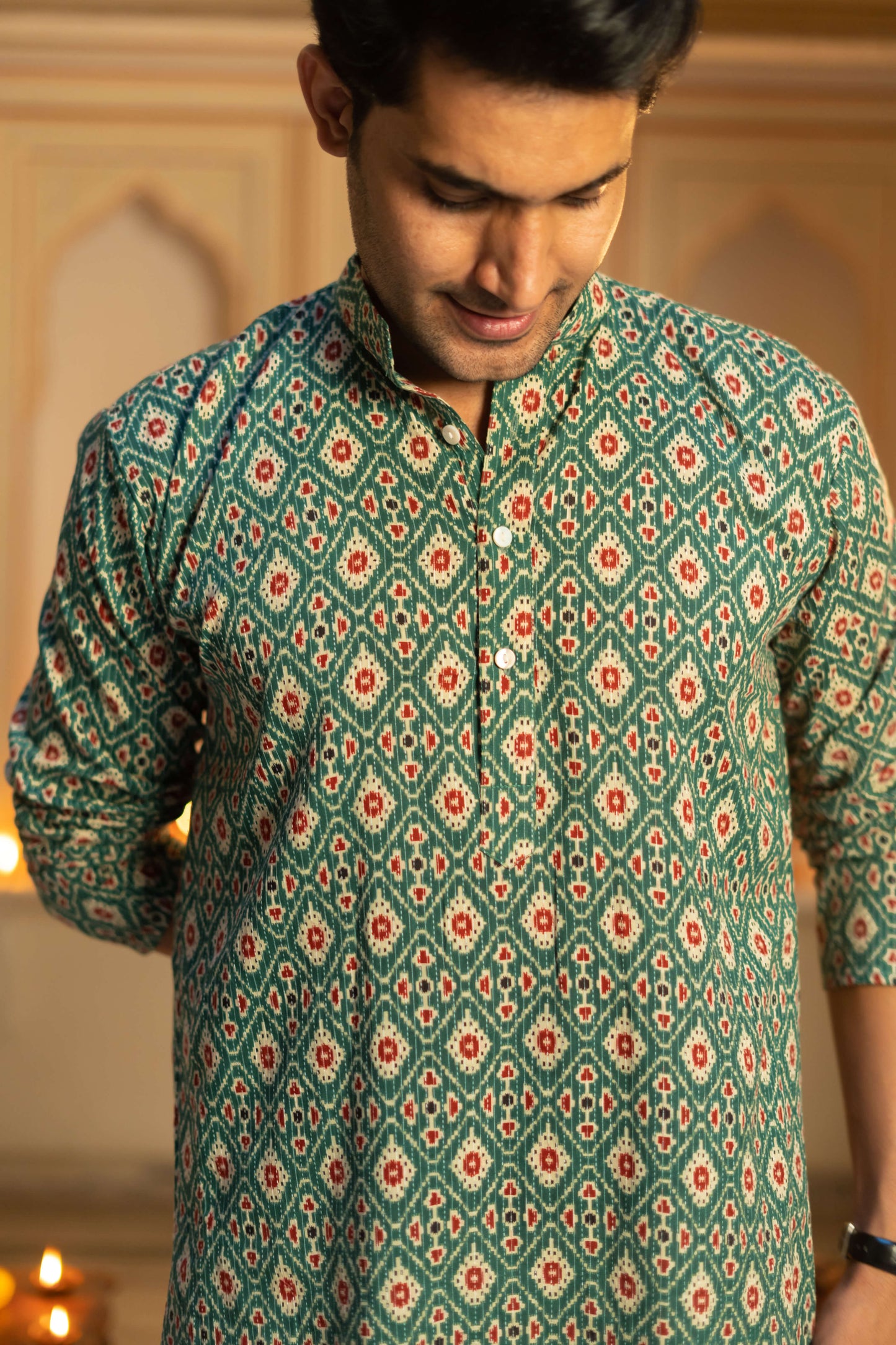 The Traditional Green Kantha Work Geometric Print Long Kurta