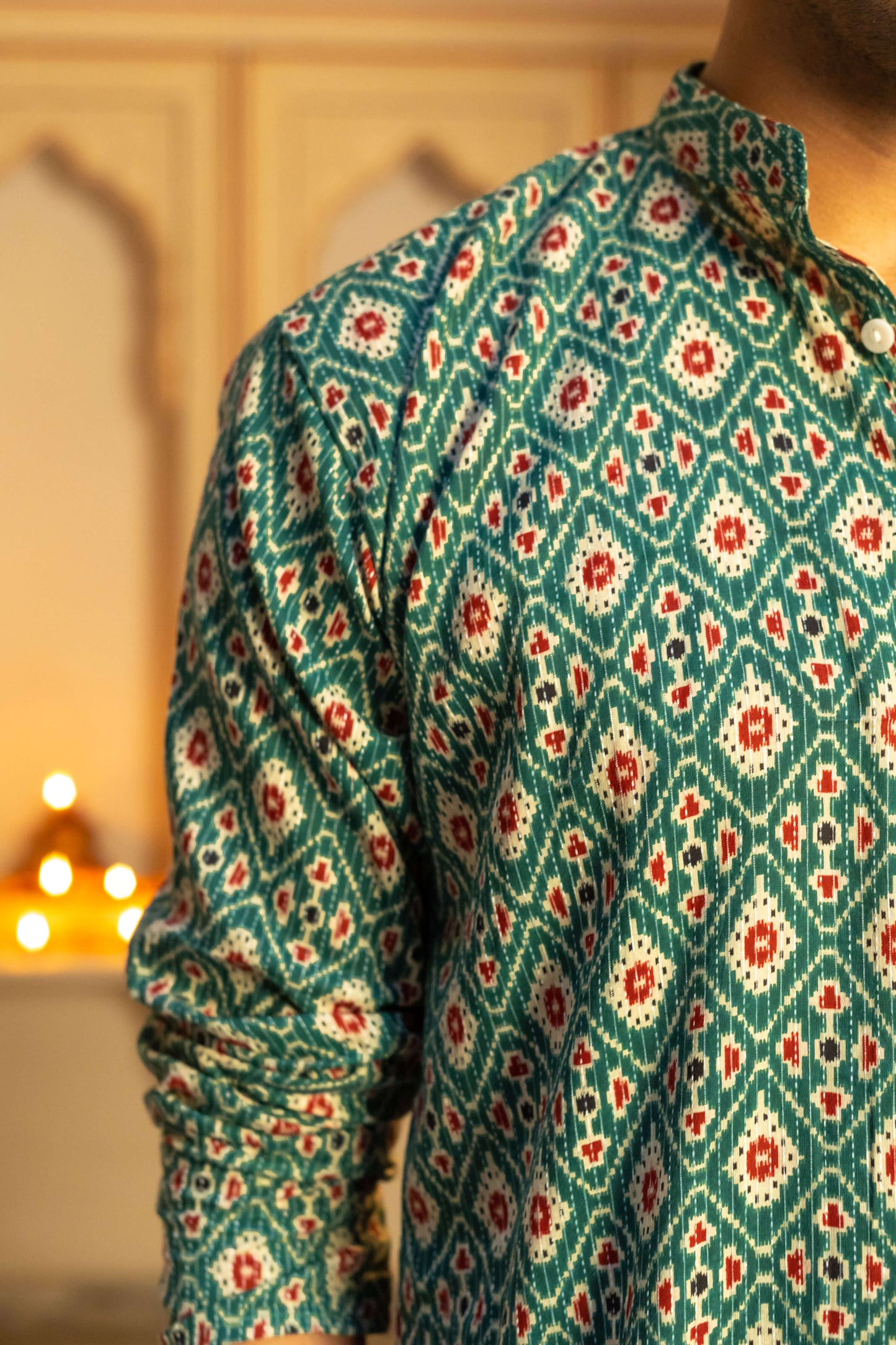 The Traditional Green Kantha Work Geometric Print Long Kurta