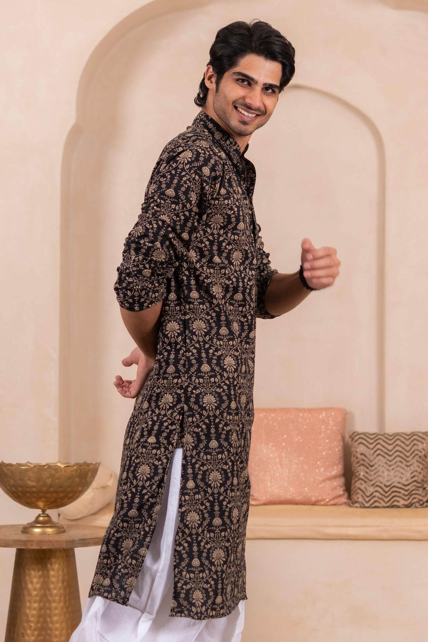 The Black Long Kurta With Beige Dabu Print