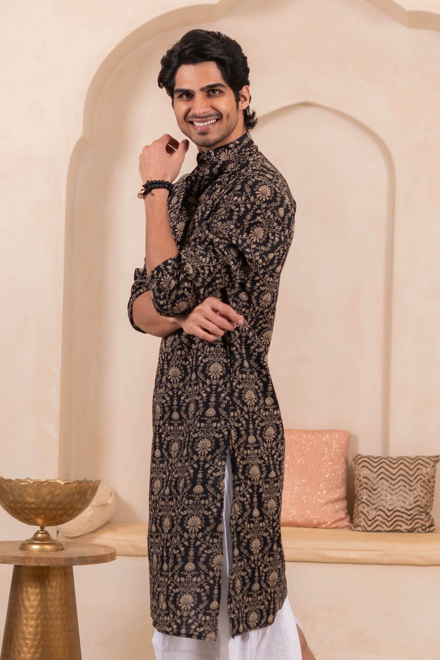 The Black Long Kurta With Beige Dabu Print