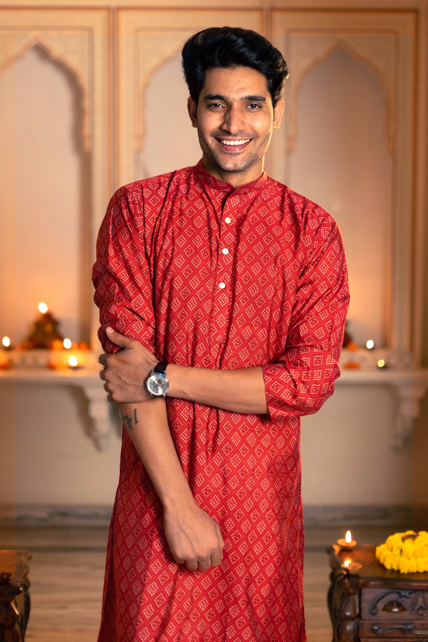 The Muslin Red Long Kurta With White Geometric Print