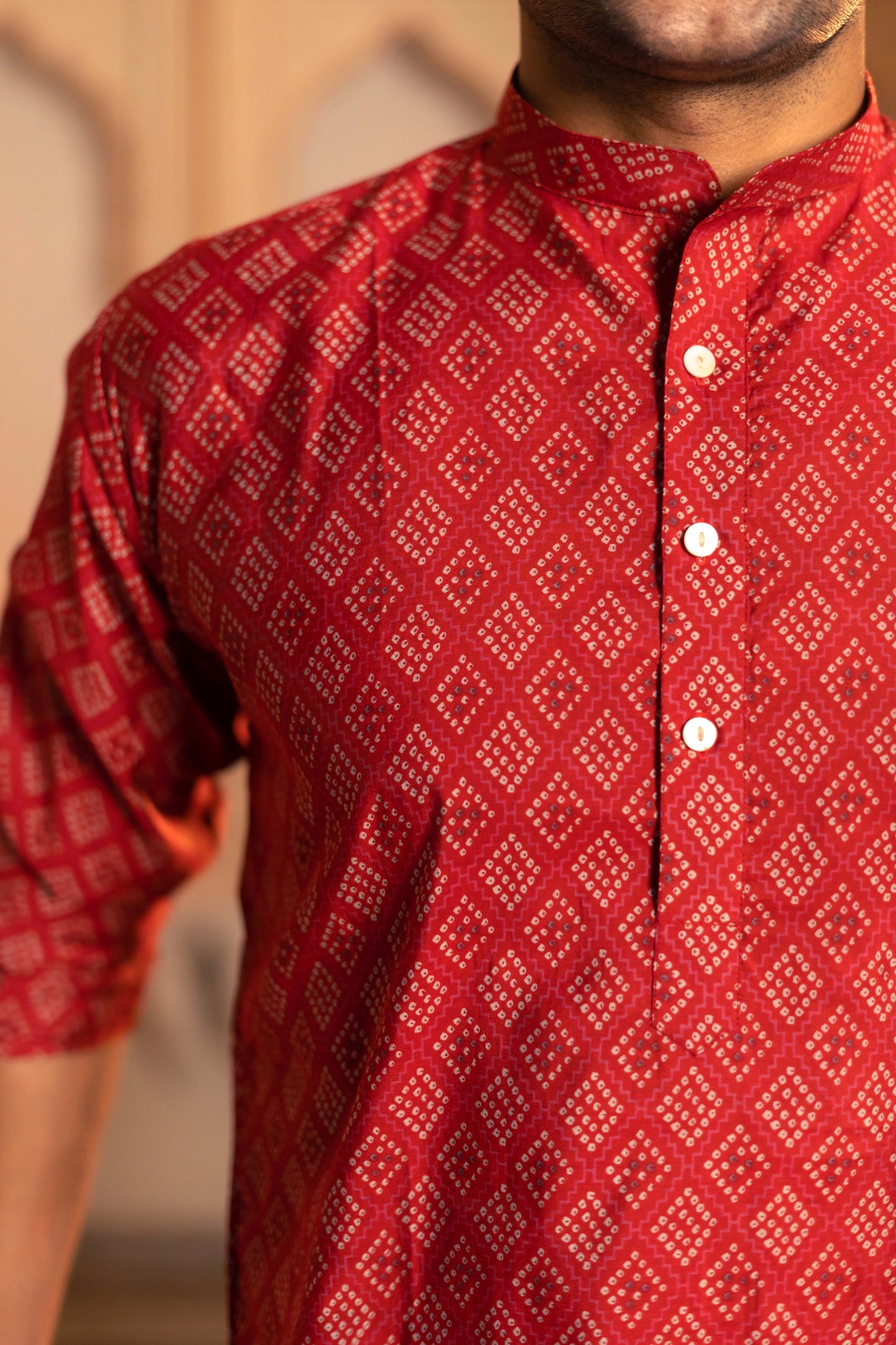 The Muslin Red Long Kurta With White Geometric Print