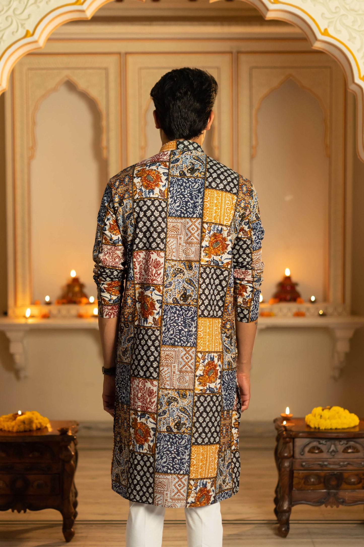 The Muslin Blue-White Patchwork Long Kurta