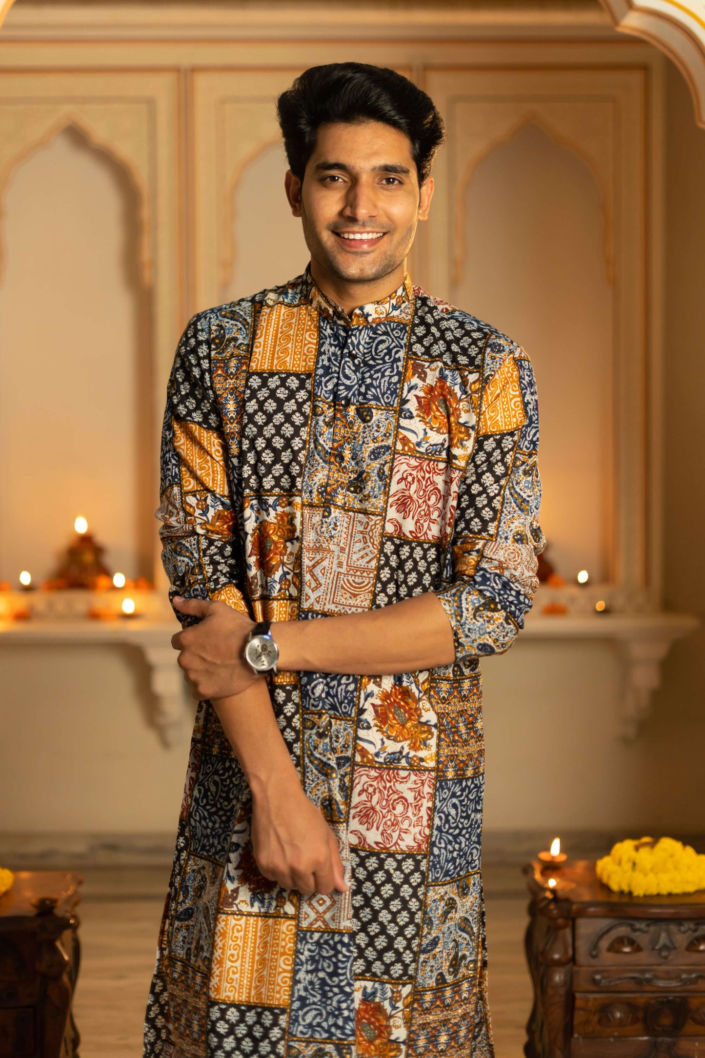 The Muslin Blue-White Patchwork Long Kurta