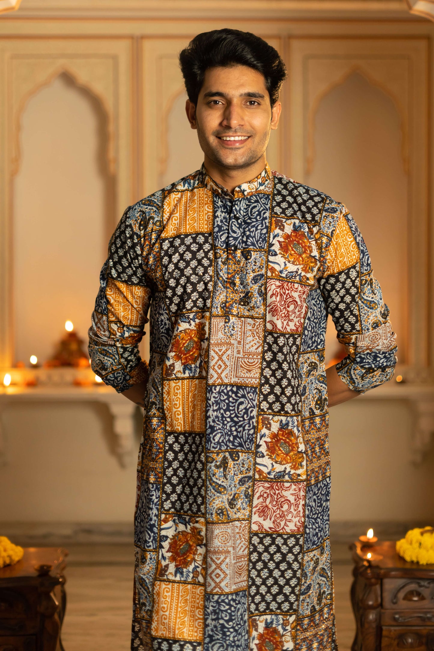 The Muslin Blue-White Patchwork Long Kurta