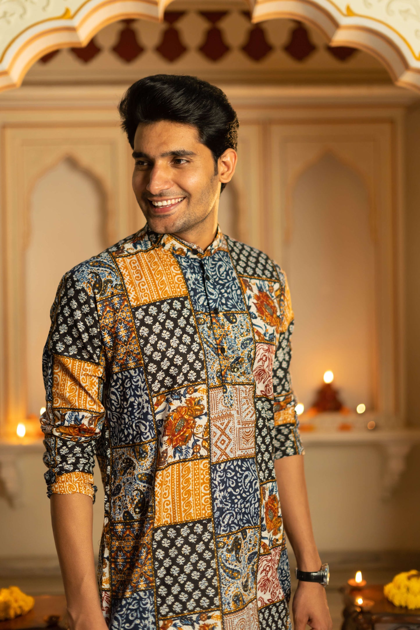 The Muslin Blue-White Patchwork Long Kurta