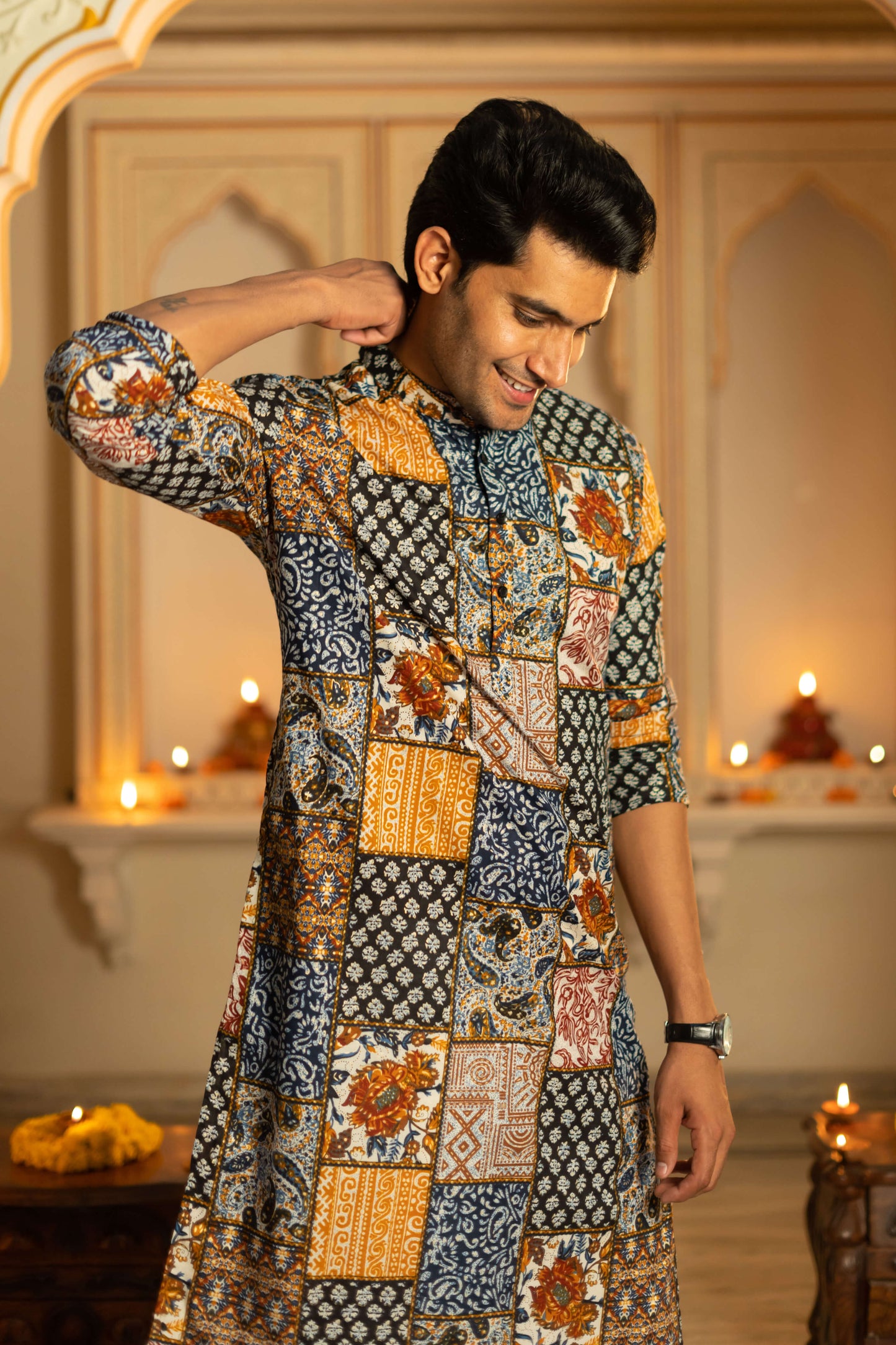 The Muslin Blue-White Patchwork Long Kurta