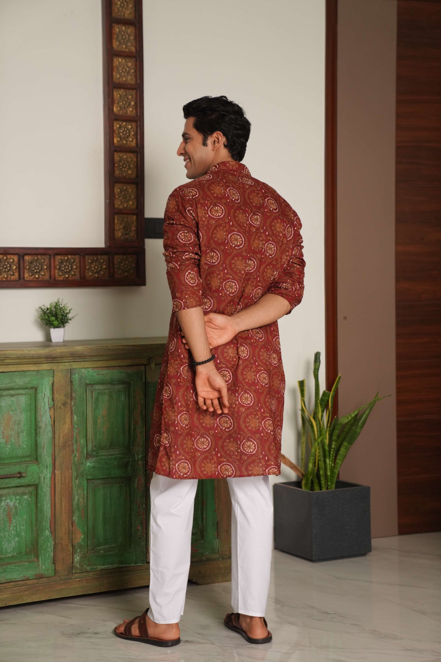 The Deep Maroon Long Kurta With White Floral and Petal Print