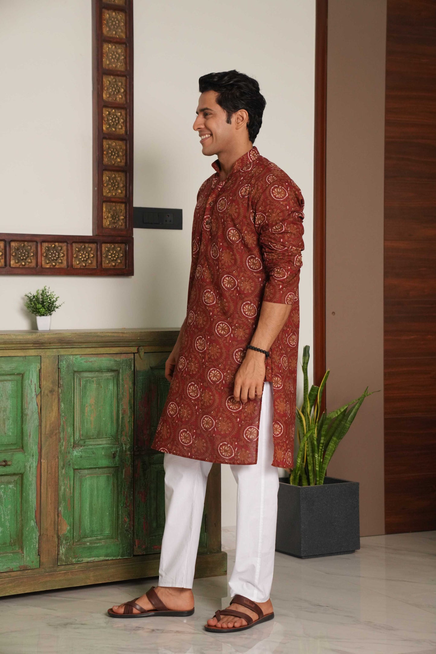 The Deep Maroon Long Kurta With White Floral and Petal Print