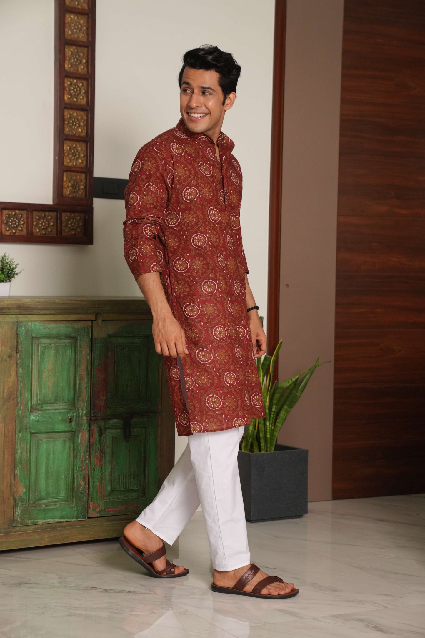 The Deep Maroon Long Kurta With White Floral and Petal Print