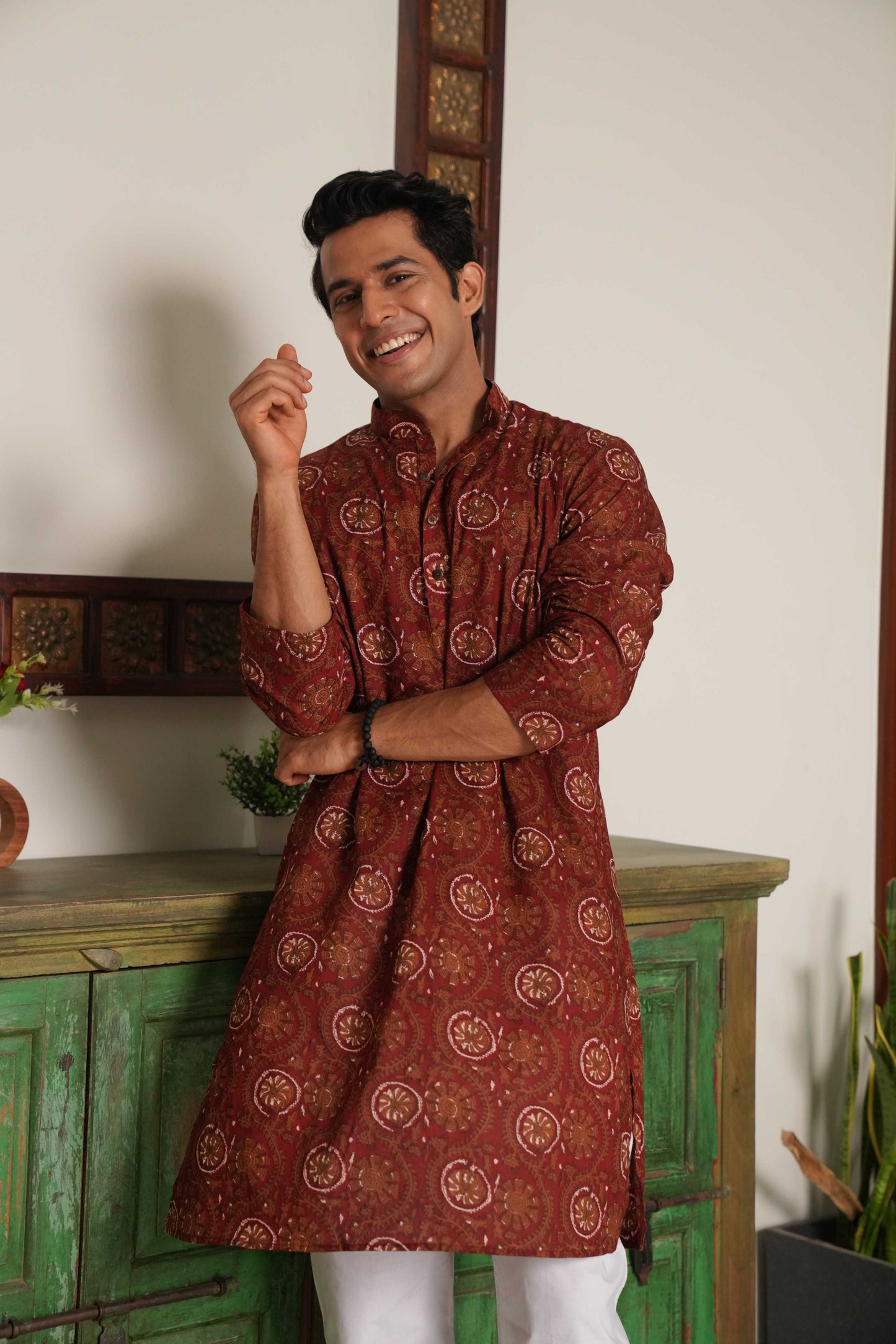 The Deep Maroon Long Kurta With White Floral and Petal Print