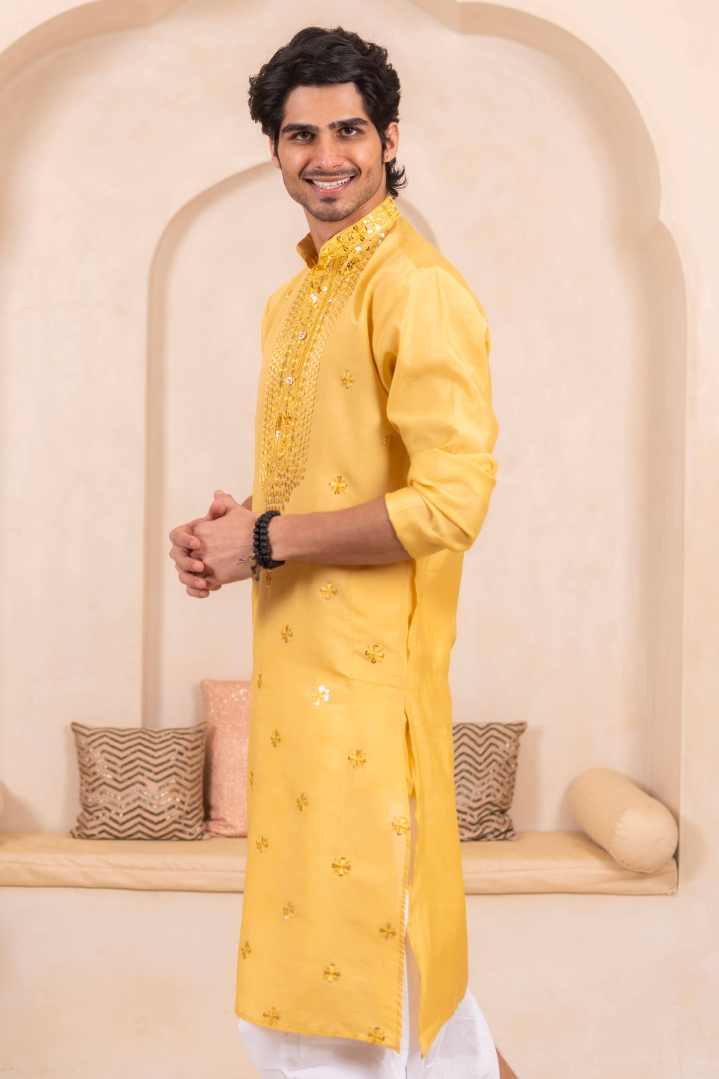 The Yellow Long Kurta with Classic Embroidery and Sequins Work