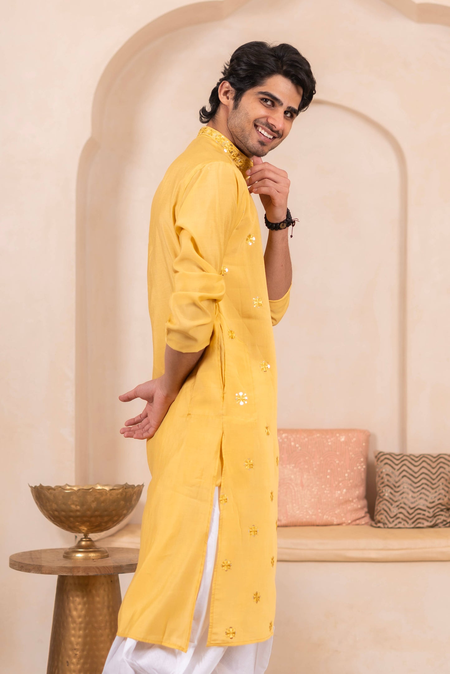 The Yellow Long Kurta with Classic Embroidery and Sequins Work