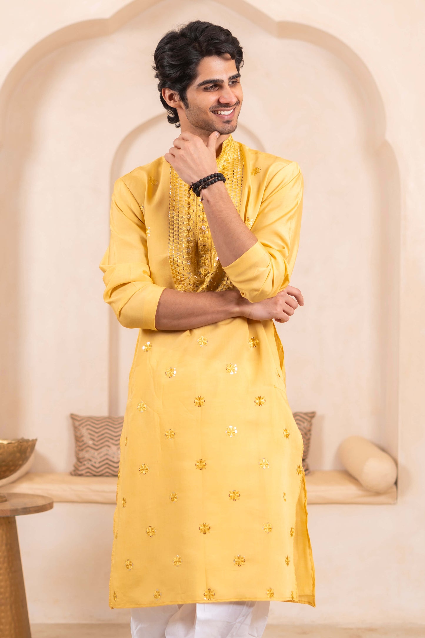 The Yellow Long Kurta with Classic Embroidery and Sequins Work