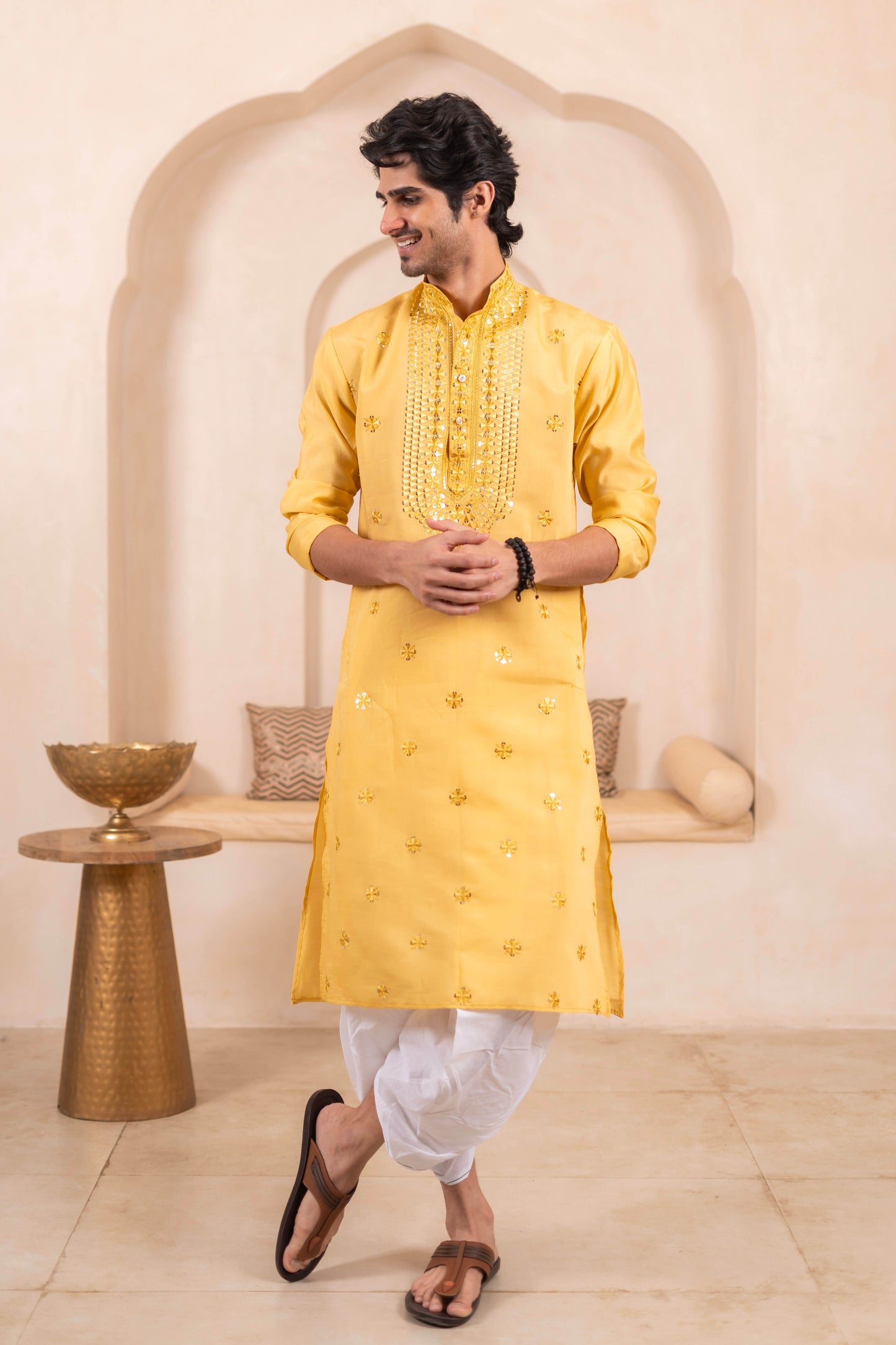 The Yellow Long Kurta with Classic Embroidery and Sequins Work