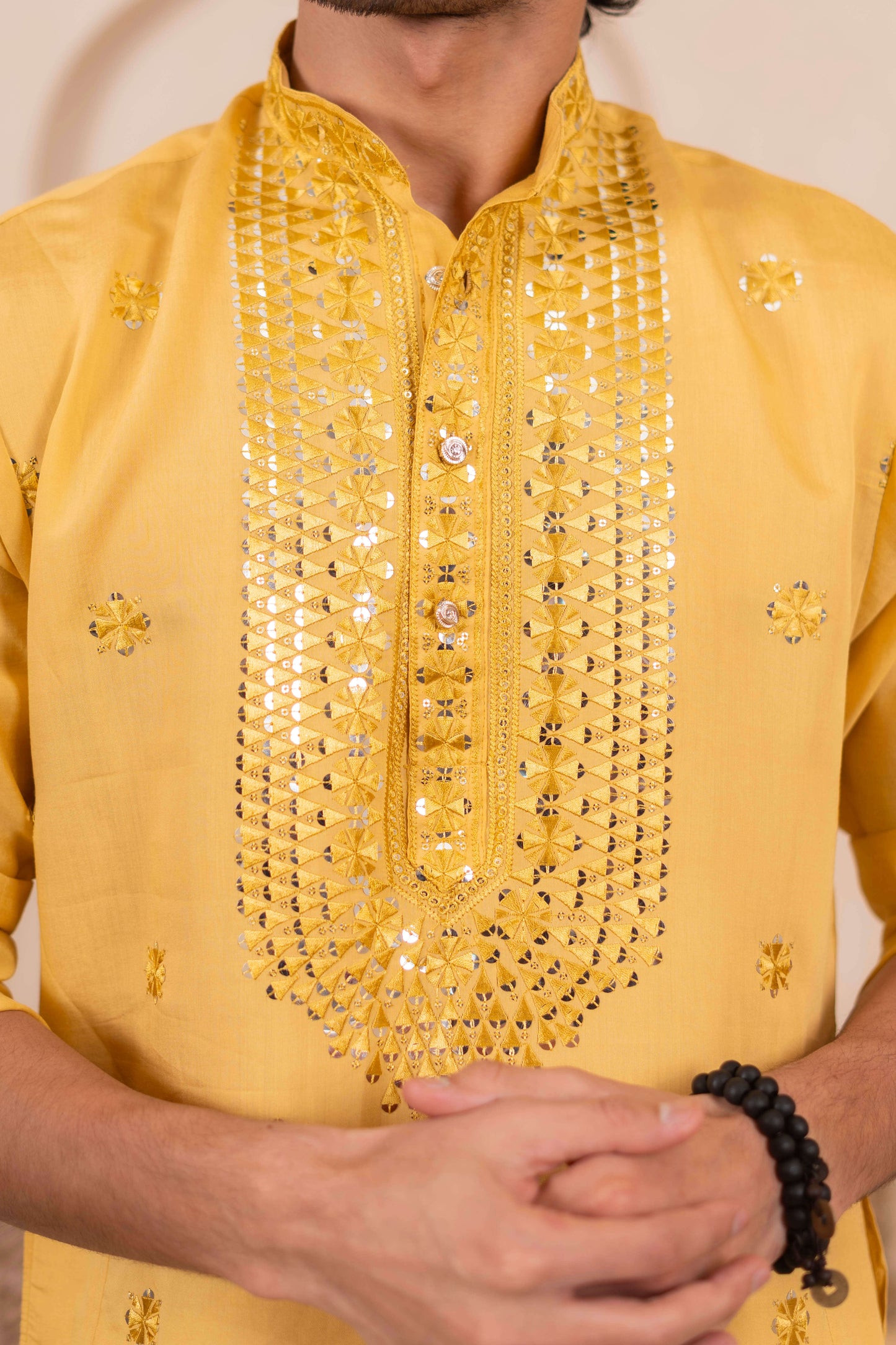 The Yellow Long Kurta with Classic Embroidery and Sequins Work