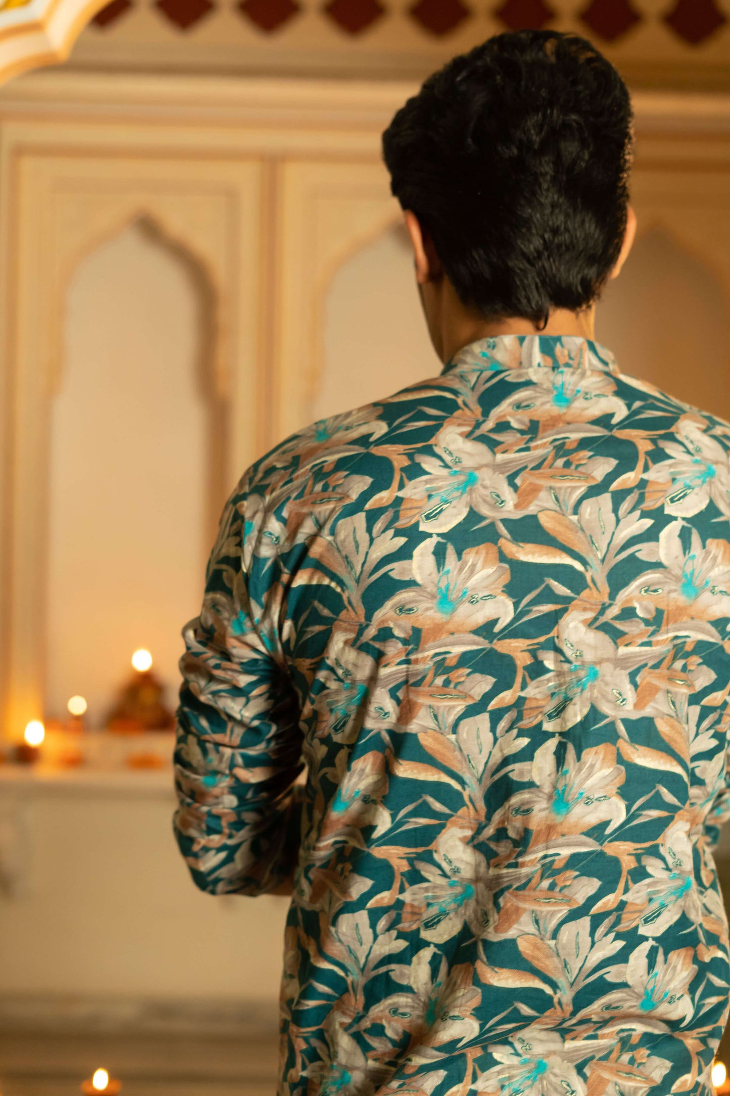 The Dark Green All-Over Floral Foil Print Long Kurta