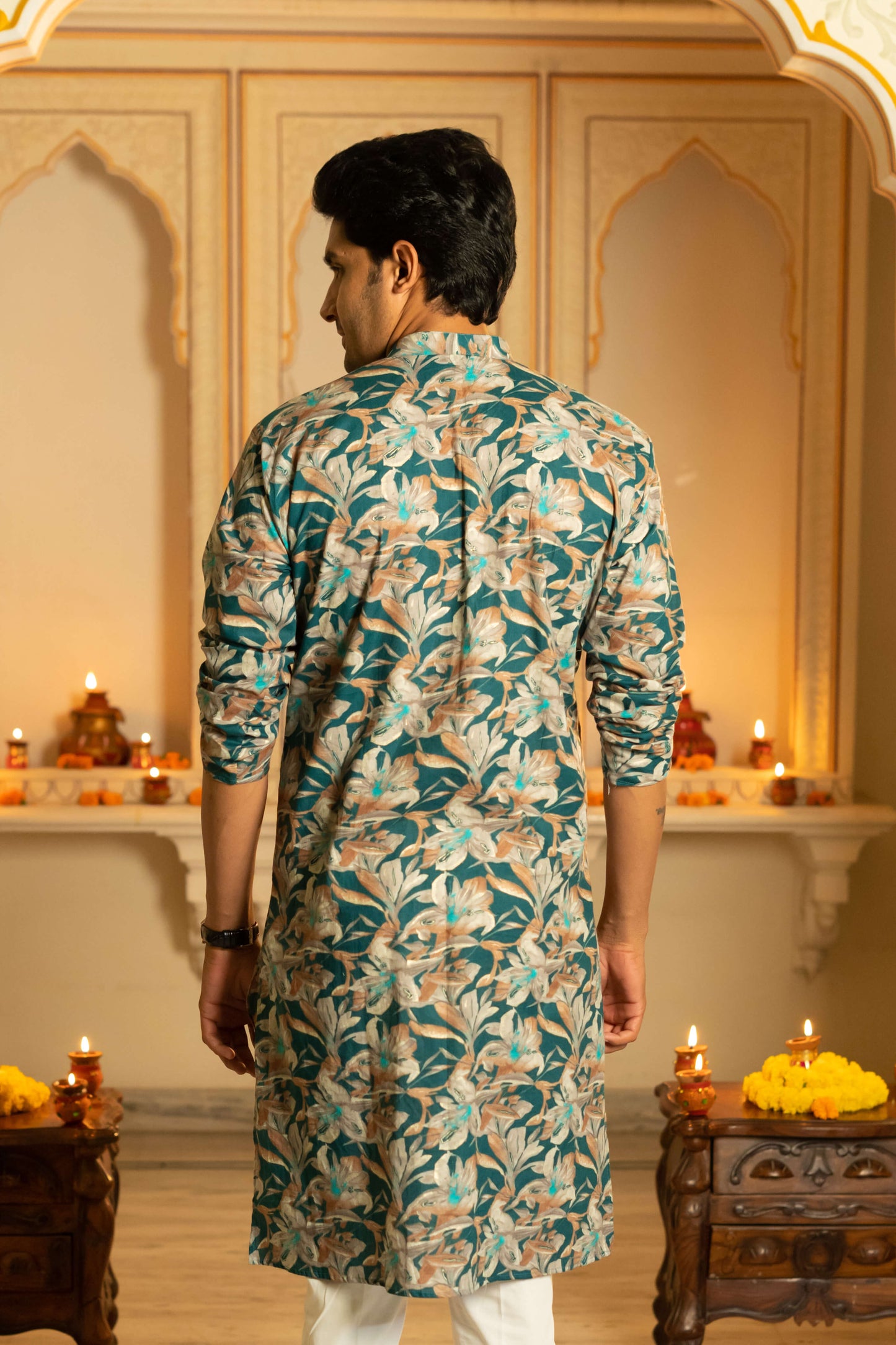The Dark Green All-Over Floral Foil Print Long Kurta