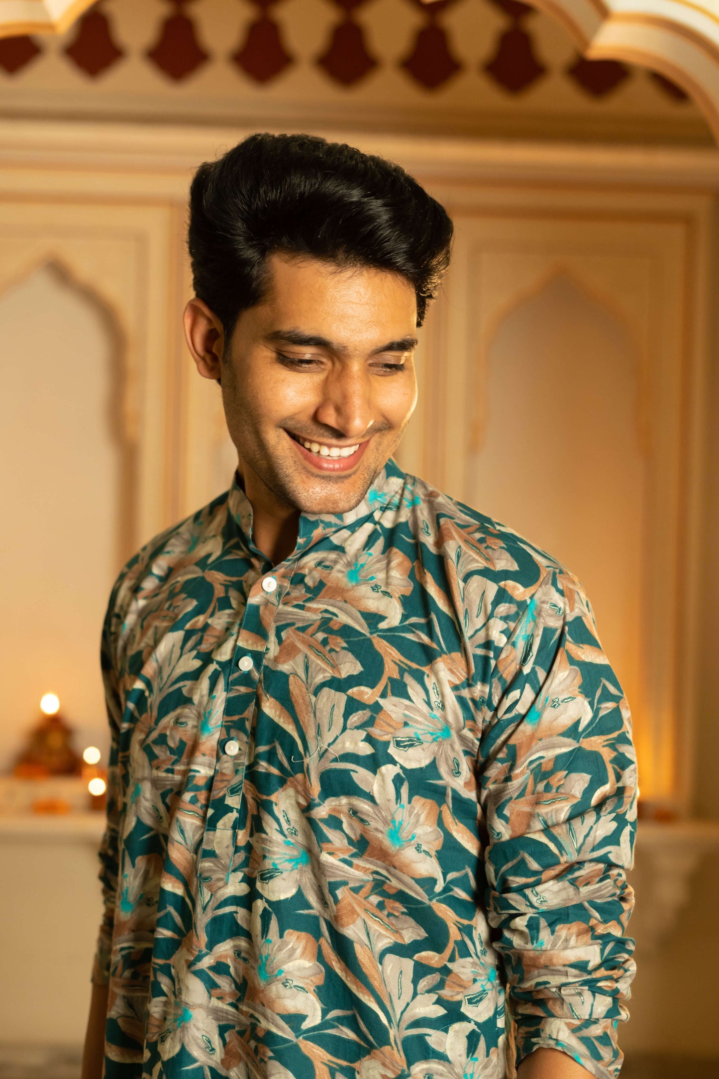The Dark Green All-Over Floral Foil Print Long Kurta