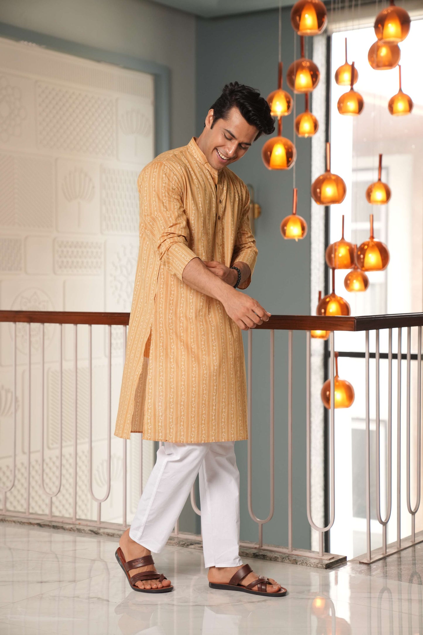 The Mustard Color Long Kurta With Striped Floral Print