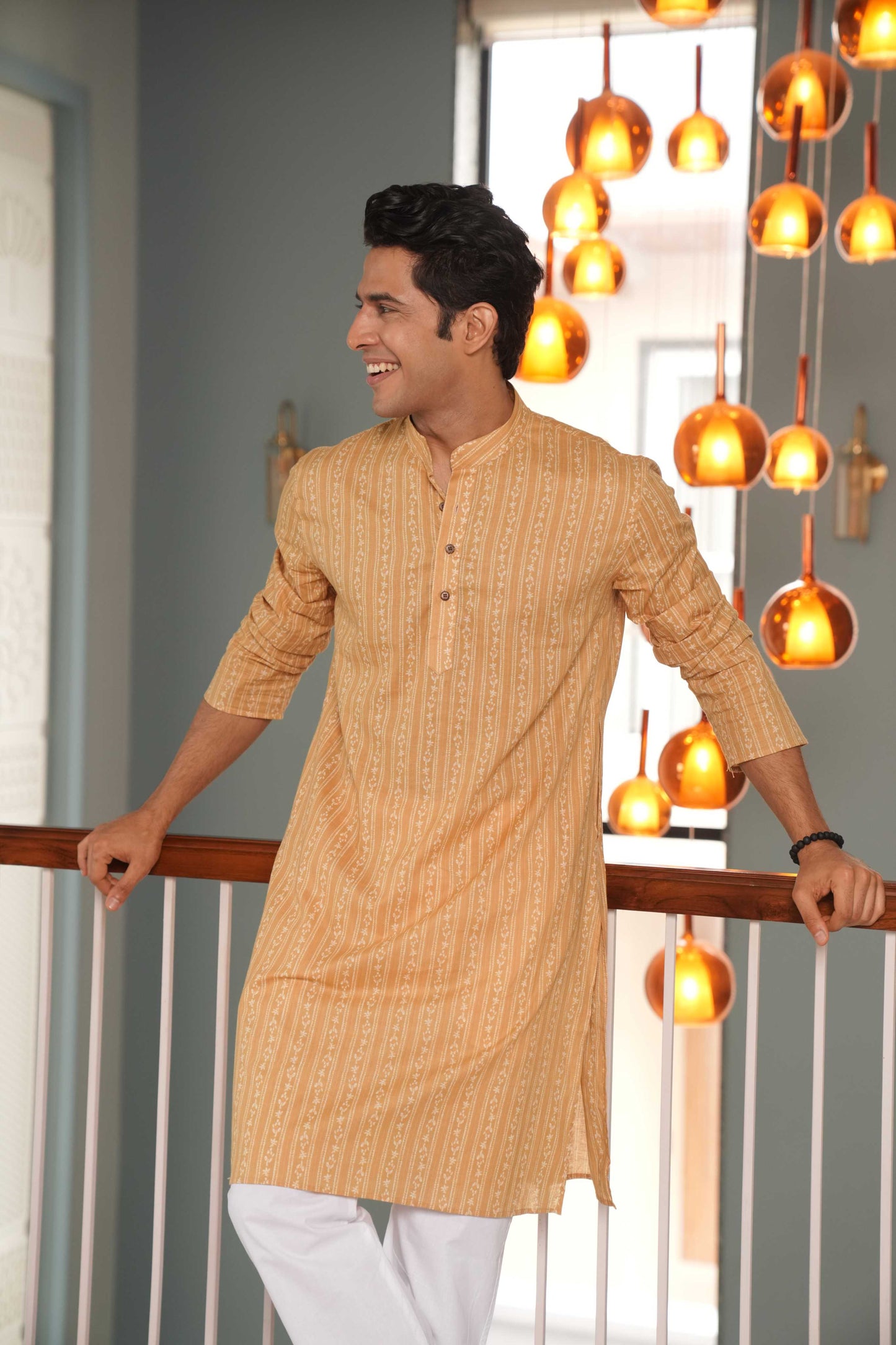The Mustard Color Long Kurta With Striped Floral Print