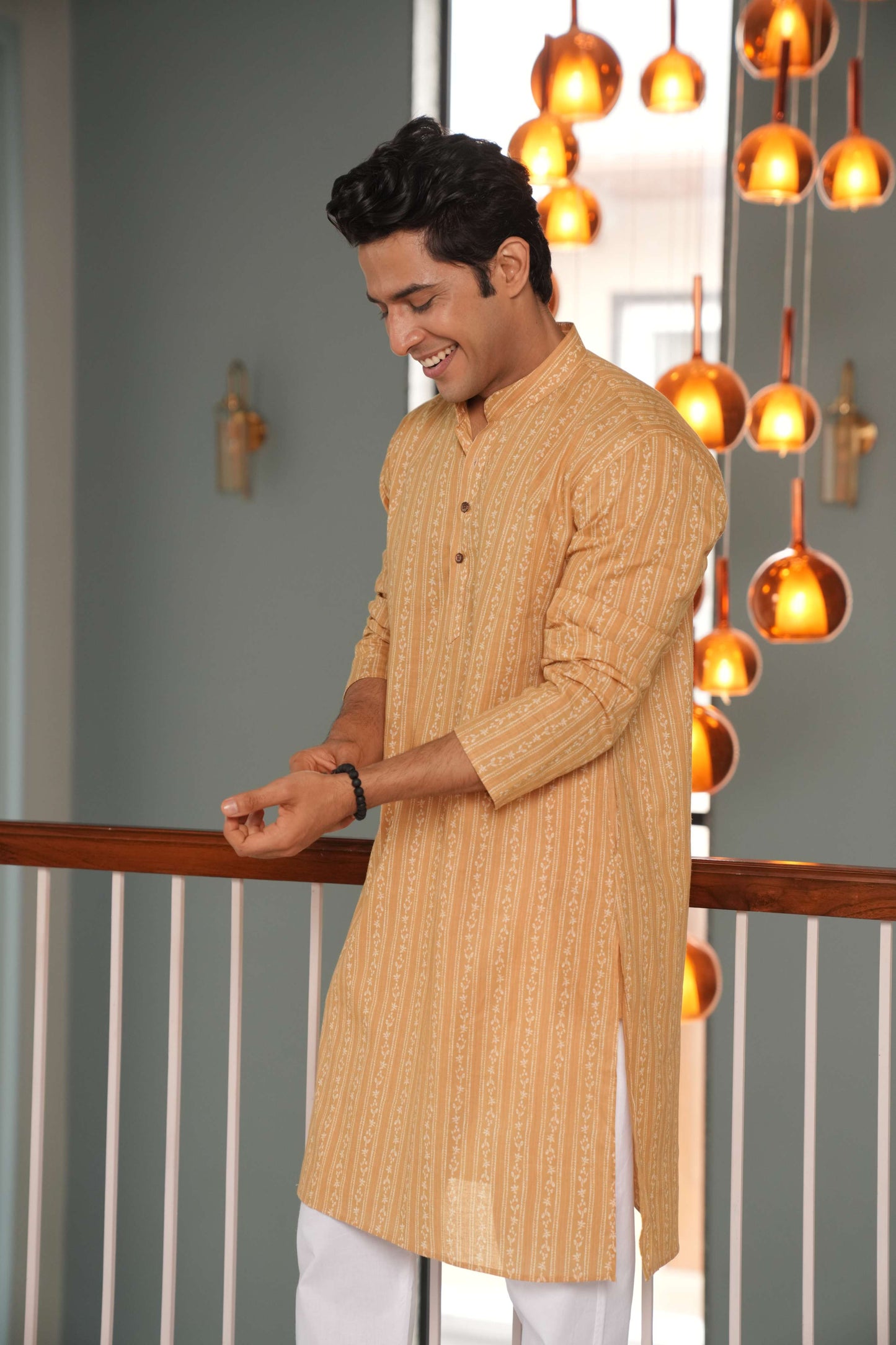 The Mustard Color Long Kurta With Striped Floral Print
