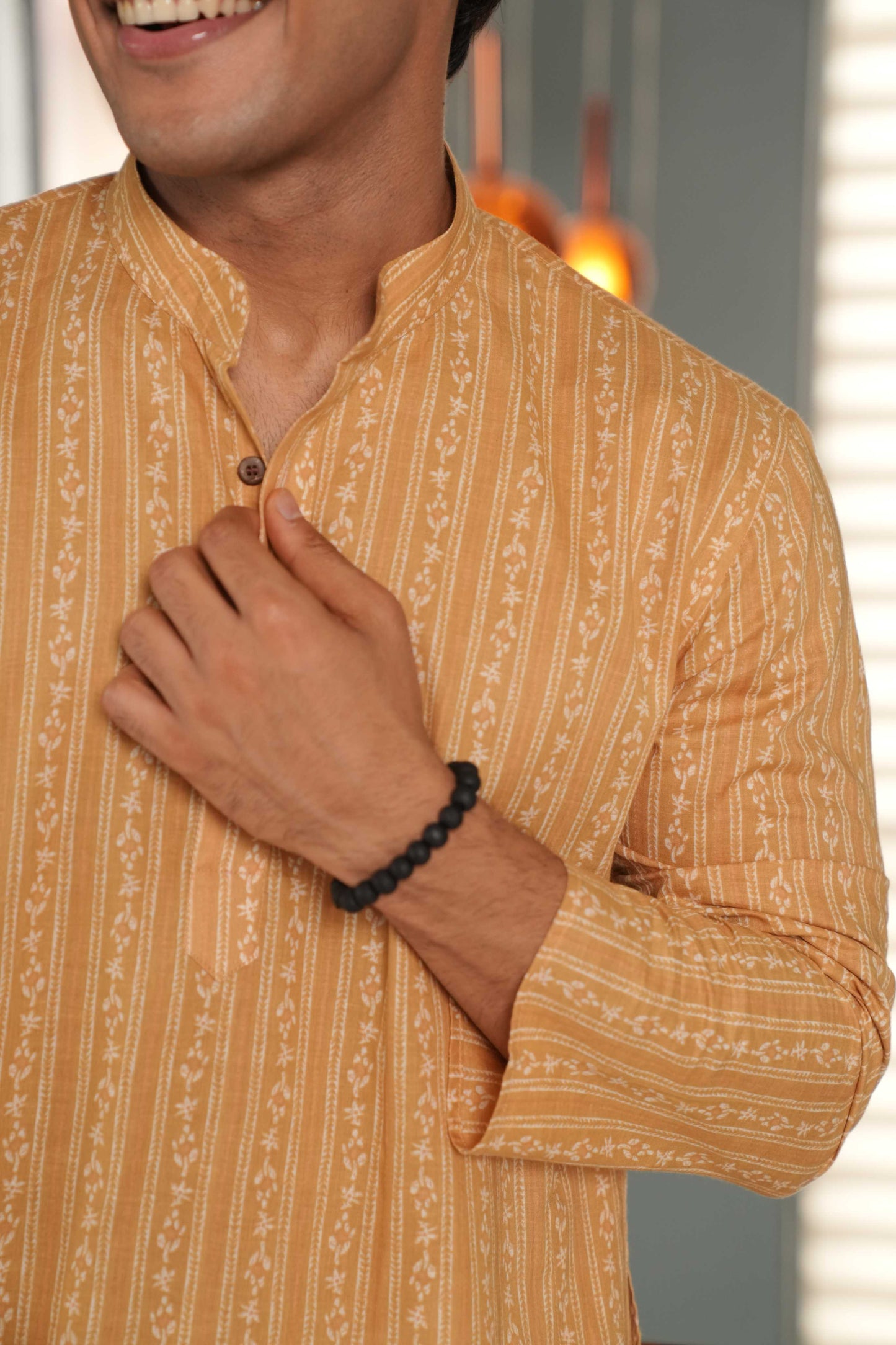 The Mustard Color Long Kurta With Striped Floral Print