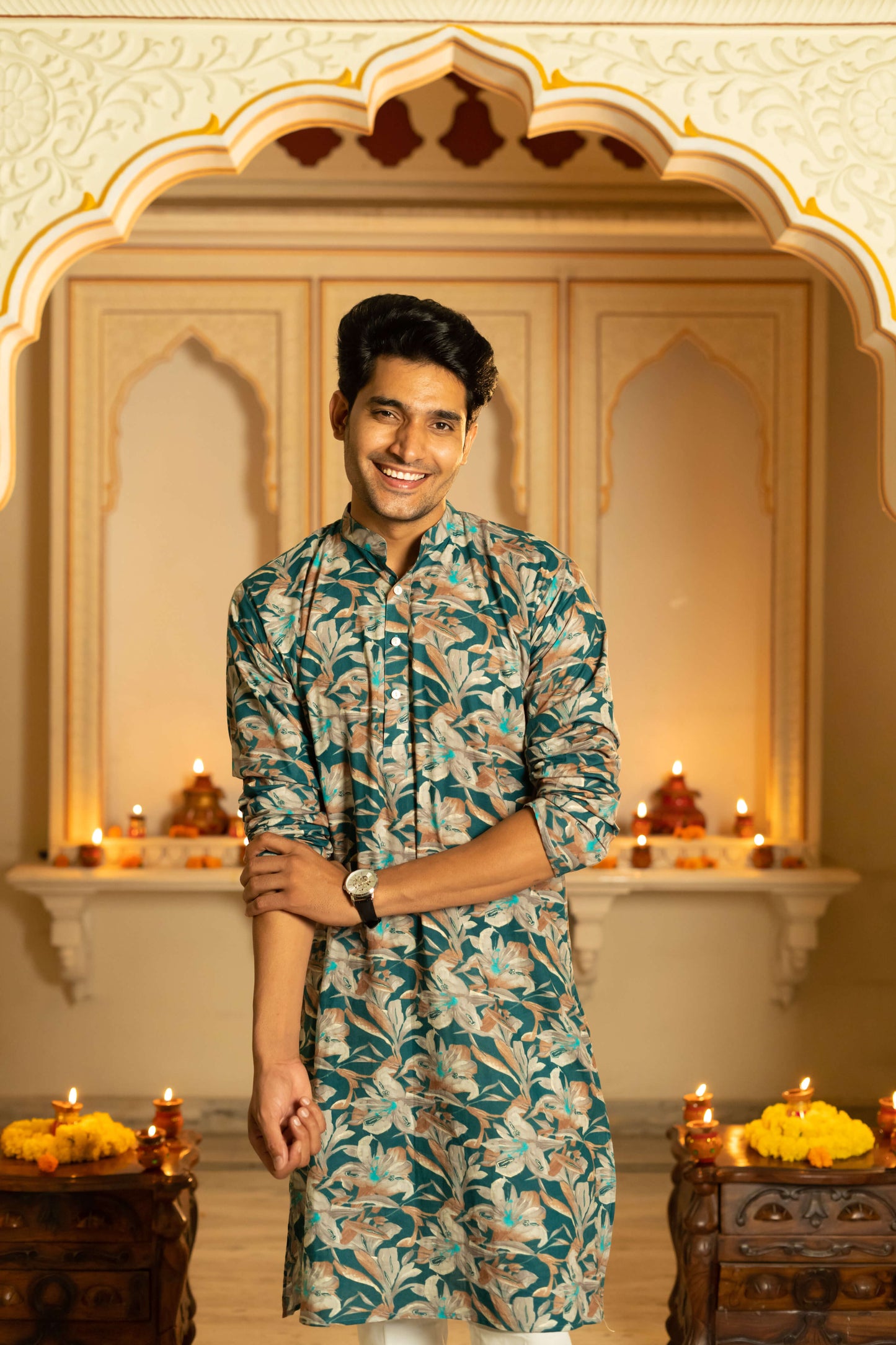 man wearing green long kurta for men