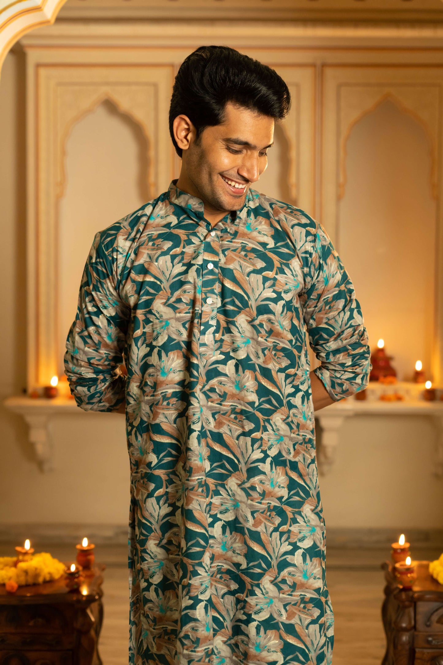 Dark green long kurta for men