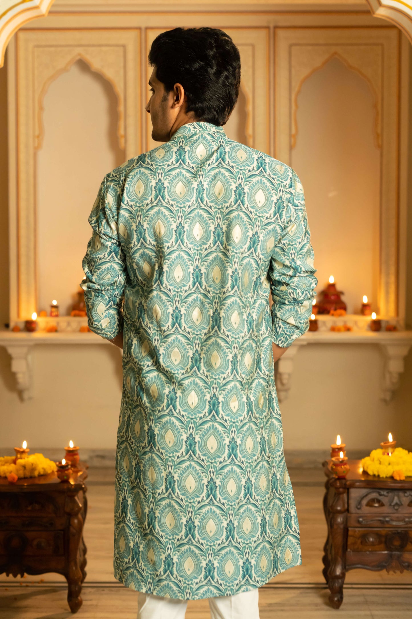 The Muslin Off-White And Teal Floral Foil Print Long Kurta