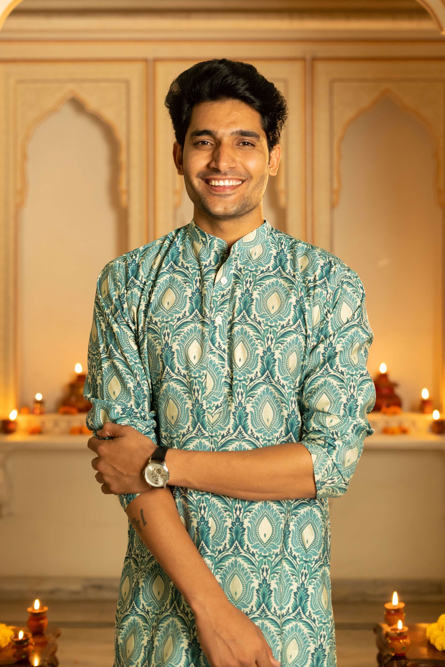 The Muslin Off-White And Teal Floral Foil Print Long Kurta