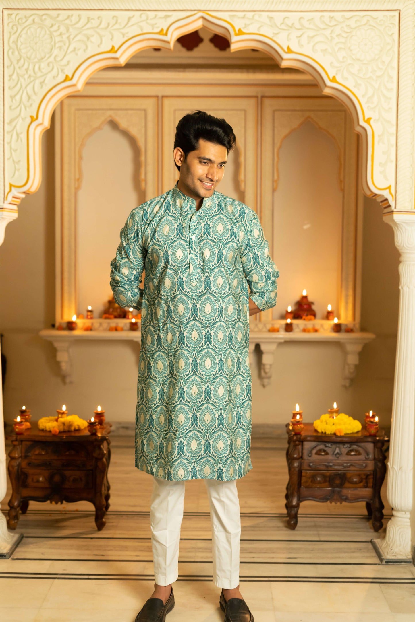 The Muslin Off-White And Teal Floral Foil Print Long Kurta