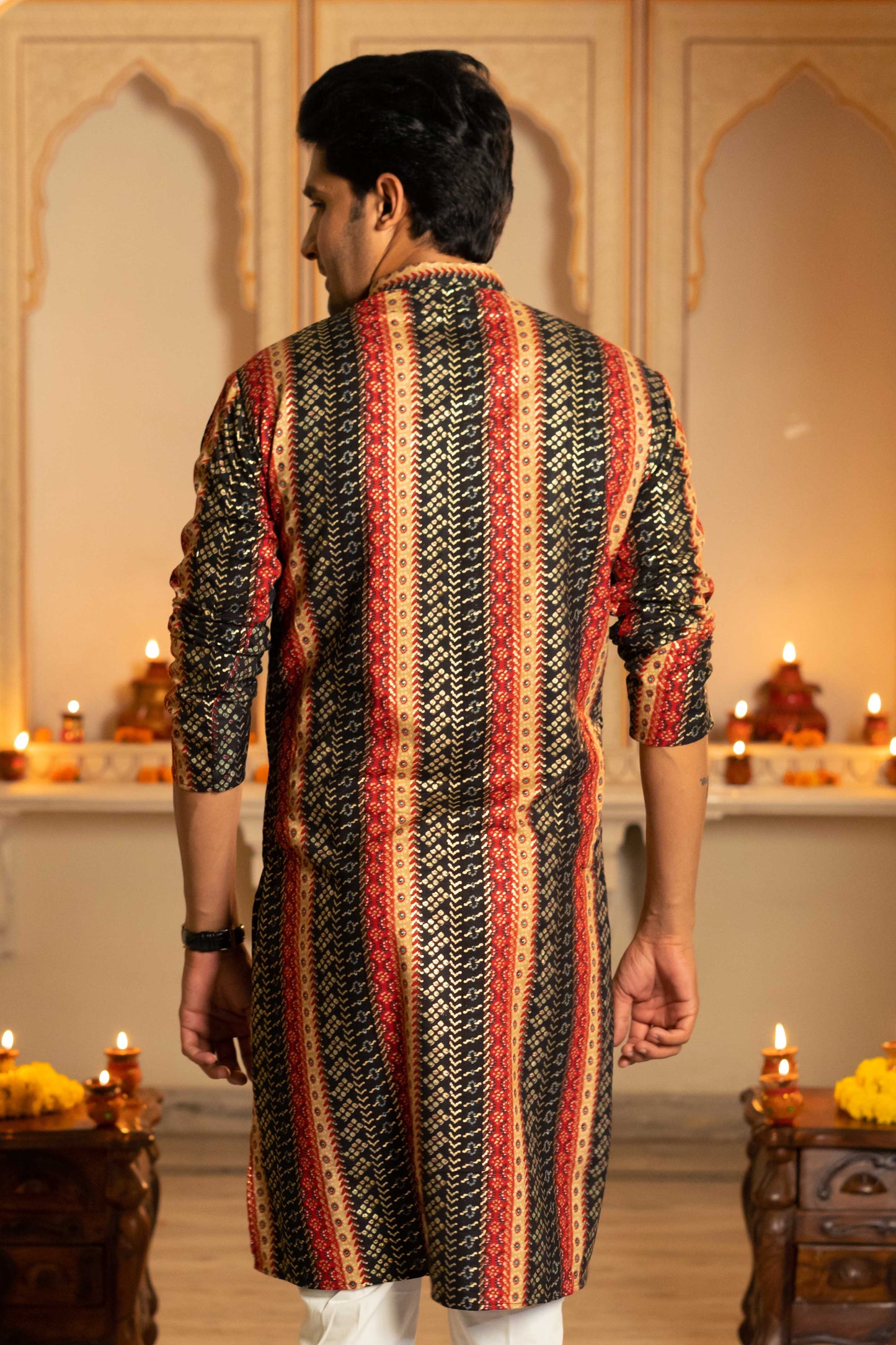 The Muslin Black And Red Stripe Foil Print Long Kurta