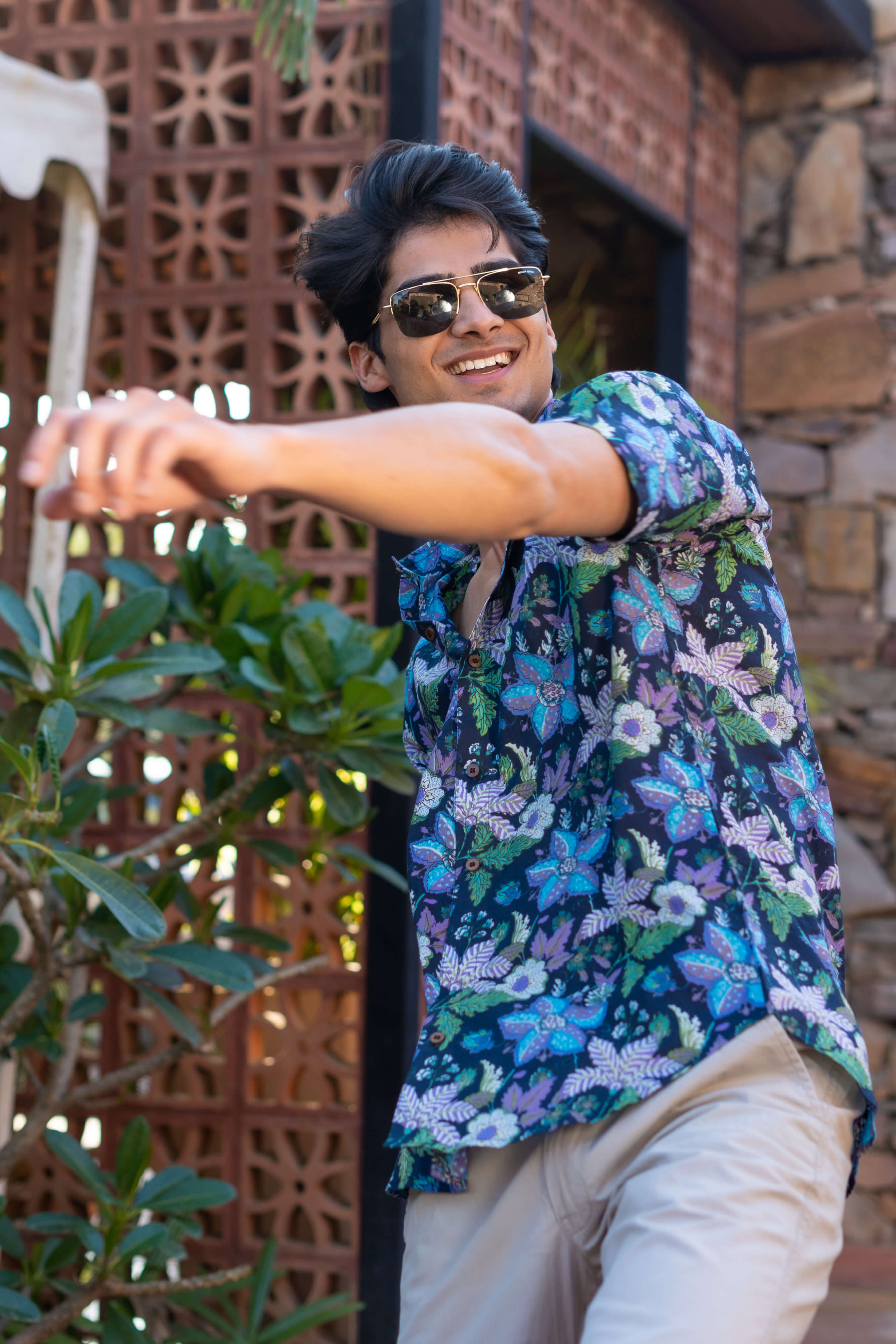 The Navy Blue Half Sleeves Shirt With Floral Beach Print