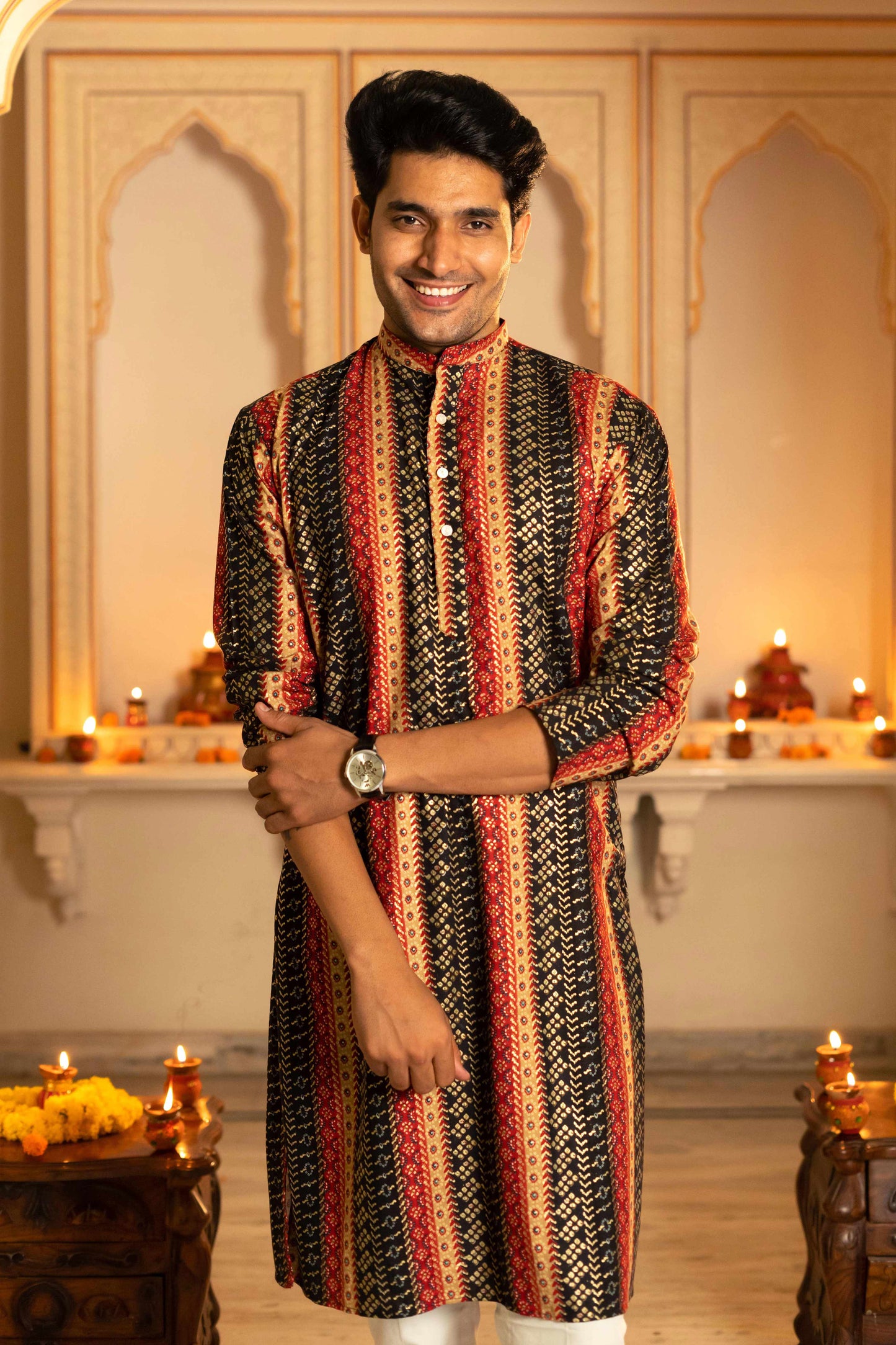 The Muslin Black And Red Stripe Foil Print Long Kurta