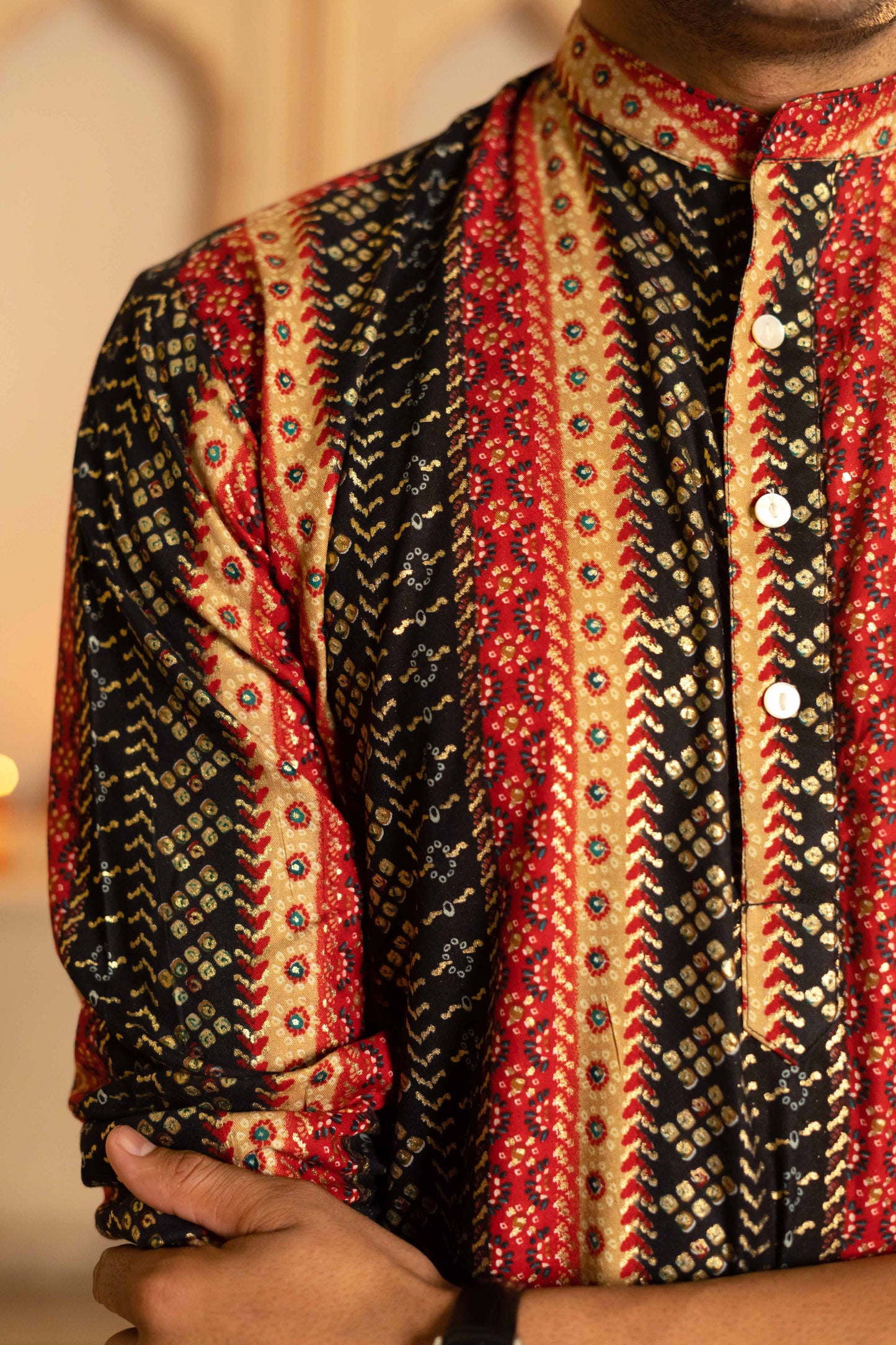 The Muslin Black And Red Stripe Foil Print Long Kurta