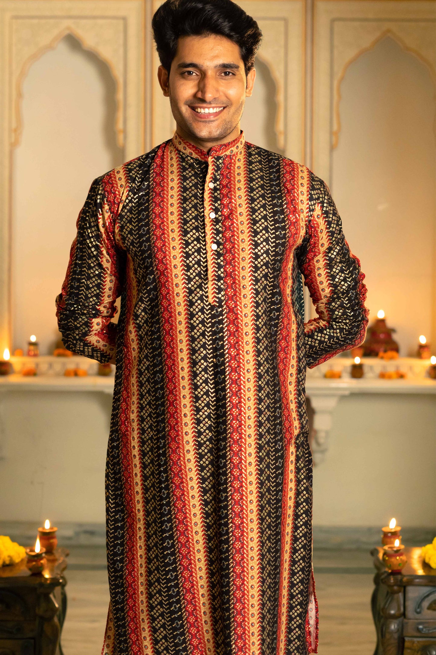 The Muslin Black And Red Stripe Foil Print Long Kurta
