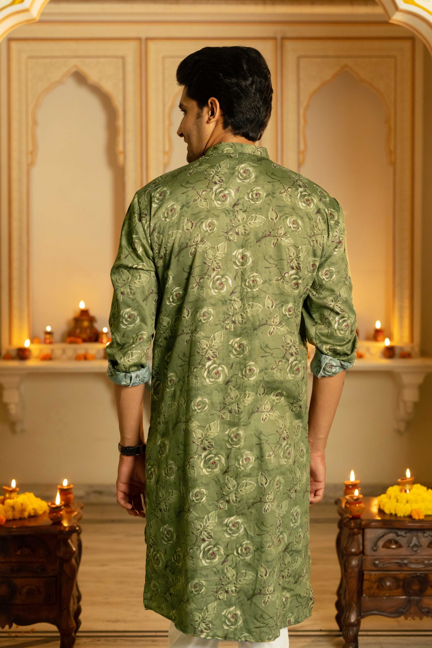 The Olive Green Floral Foil Print Long Kurta