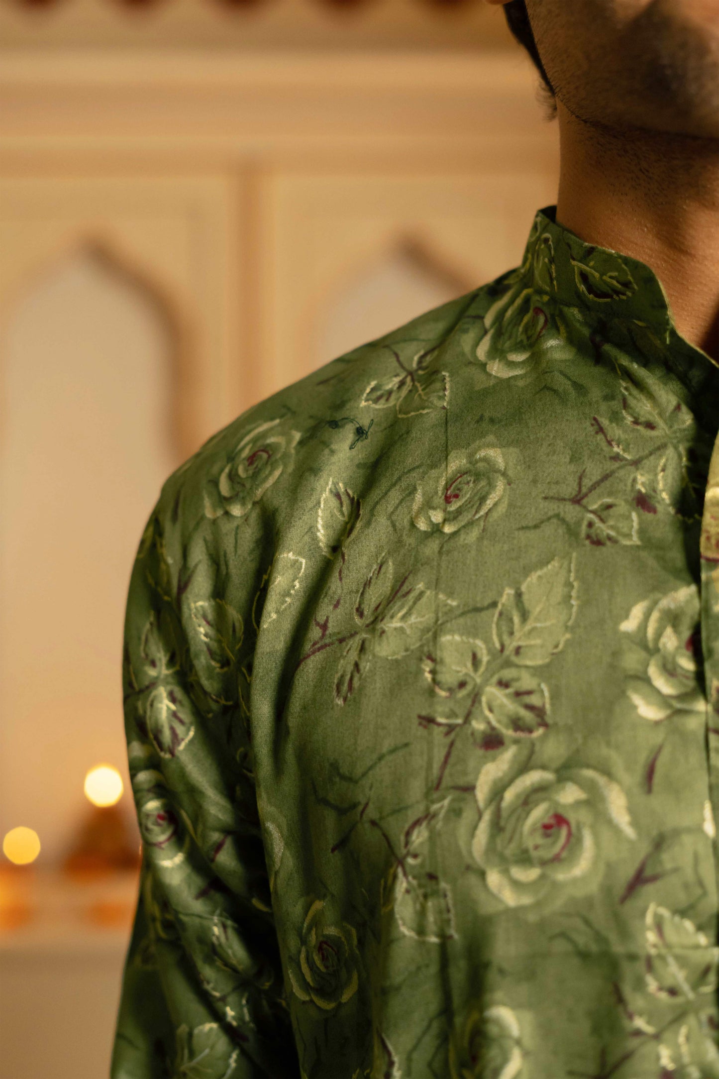 The Olive Green Floral Foil Print Long Kurta