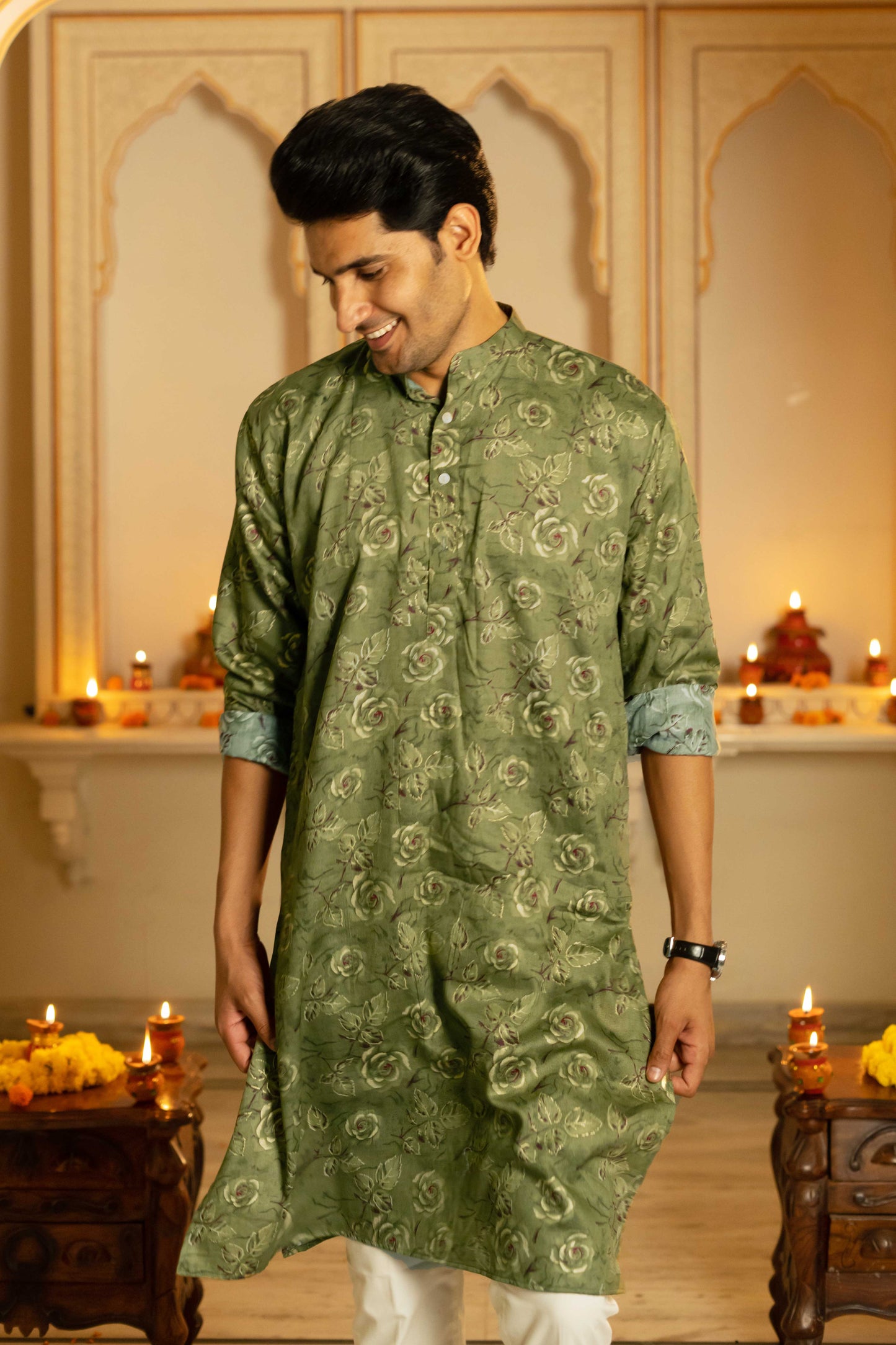 The Olive Green Floral Foil Print Long Kurta