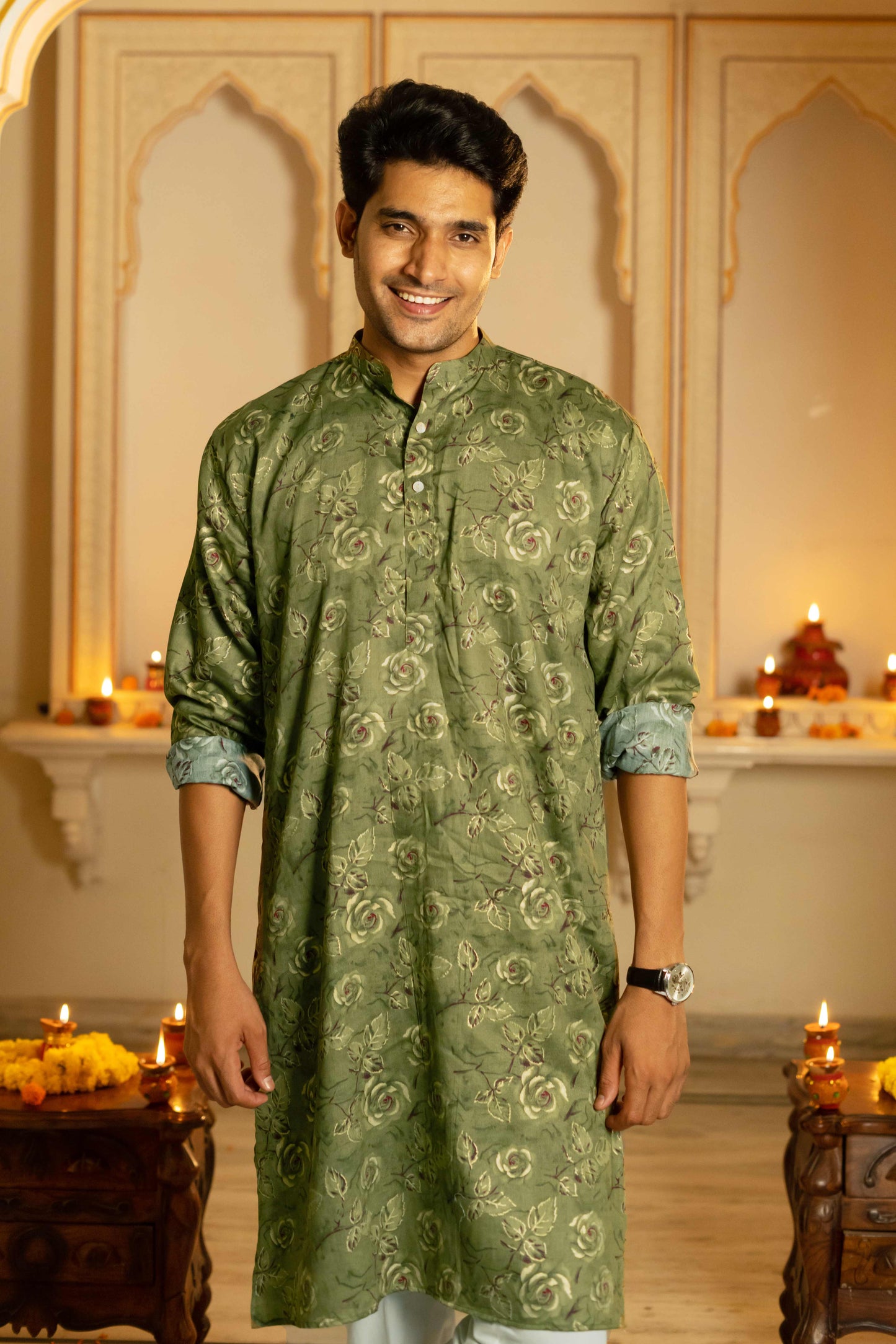 The Olive Green Floral Foil Print Long Kurta