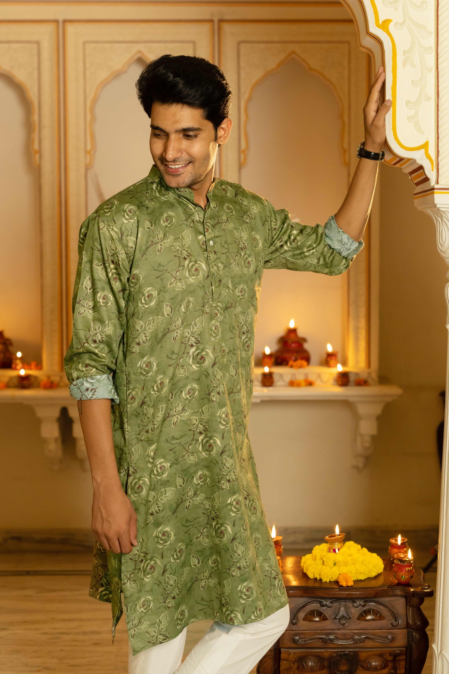The Olive Green Floral Foil Print Long Kurta