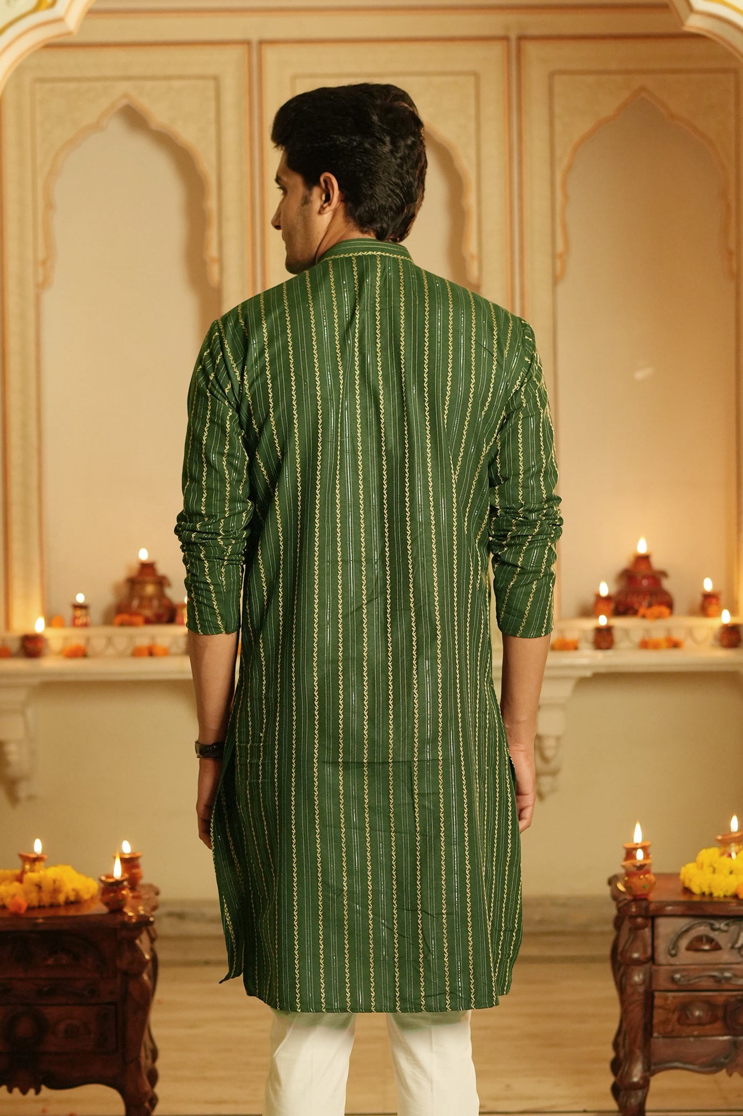 The Dark Green And Golden Self Work Long Kurta